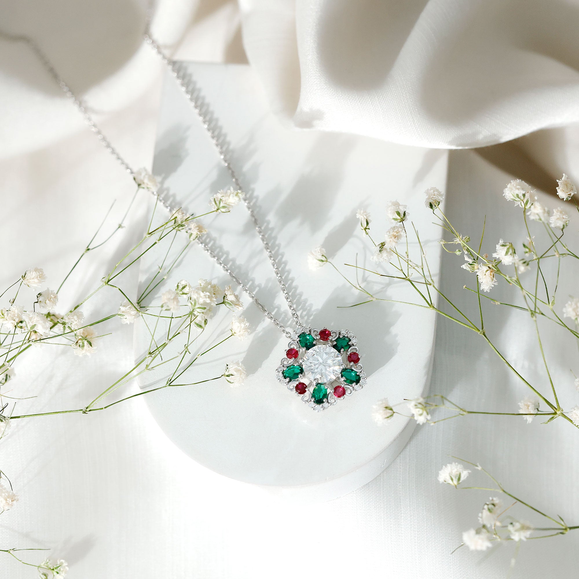 Certified 2 Carat Moissanite Statement Necklace with Lab Ruby and Emerald D-VS1 92.5 Sterling Silver - Rosec Jewels