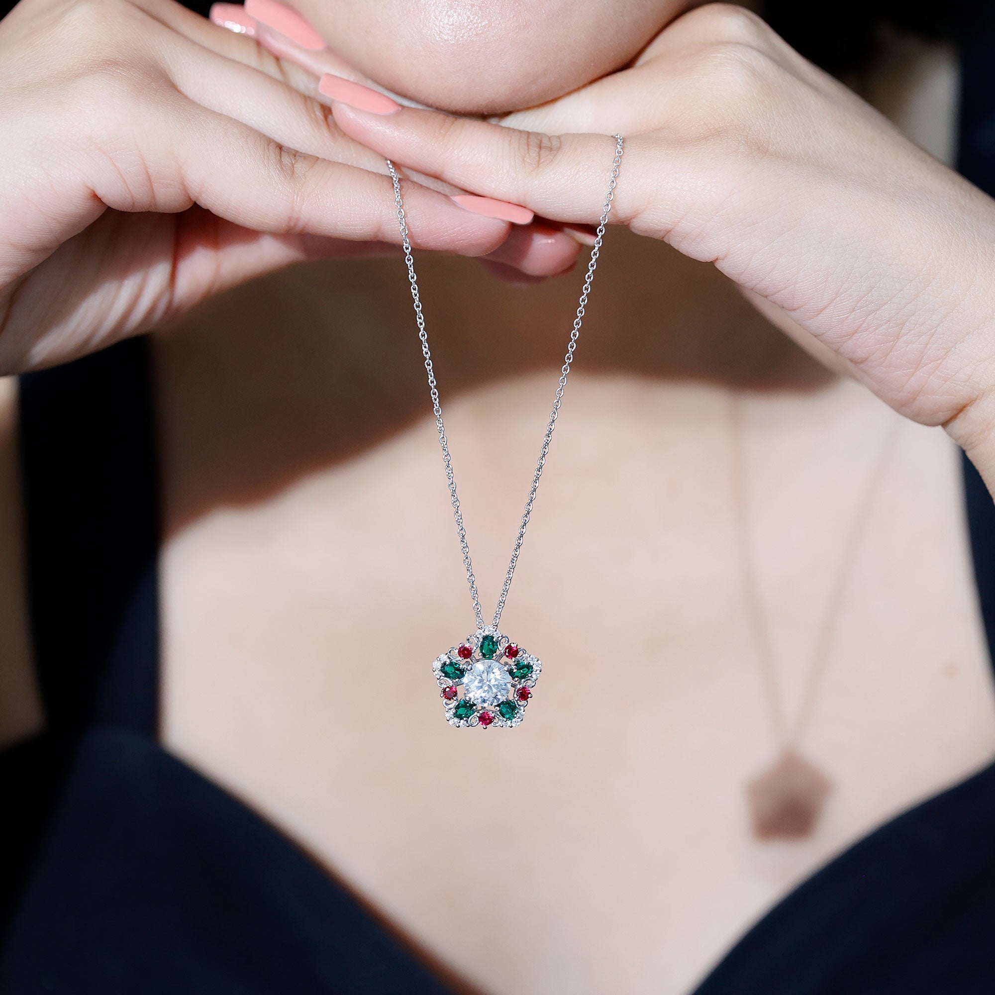 Certified 2 Carat Moissanite Statement Necklace with Lab Ruby and Emerald D-VS1 92.5 Sterling Silver - Rosec Jewels