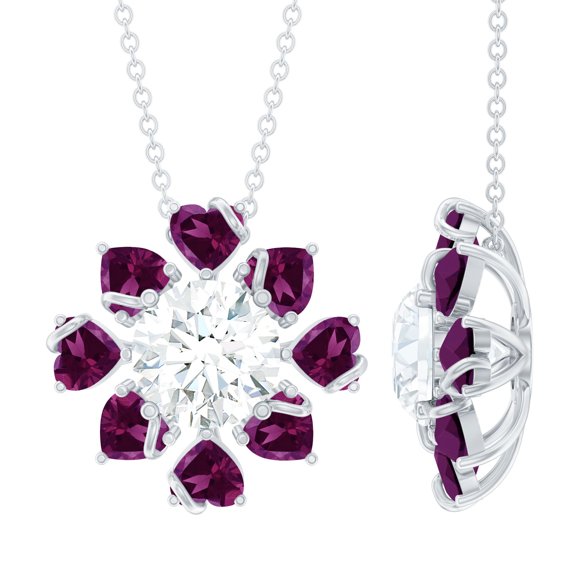 2 Carat Moissanite Designer Necklace with Rhodolite D-VS1 92.5 Sterling Silver - Rosec Jewels