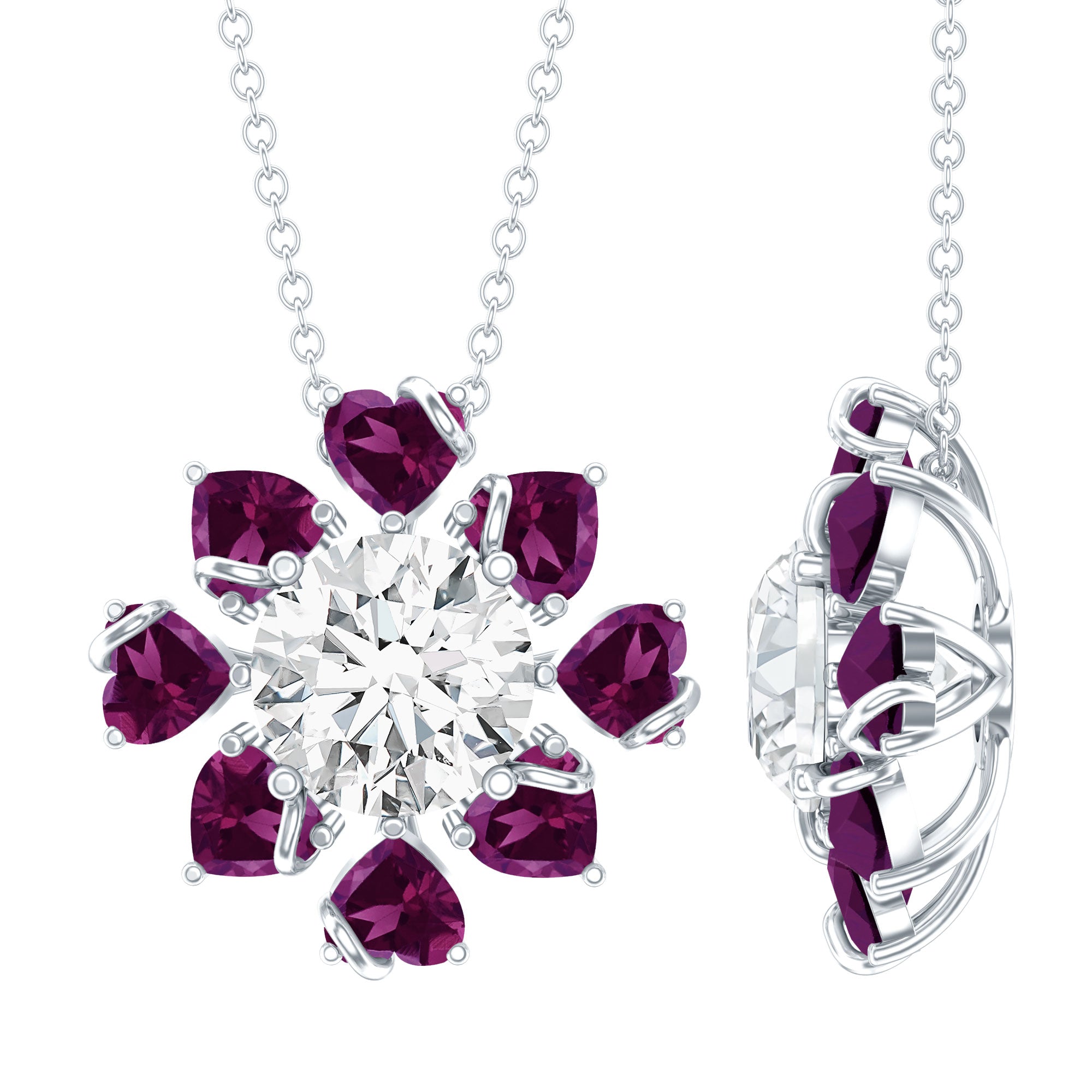 2 Carat Moissanite Designer Necklace with Rhodolite D-VS1 92.5 Sterling Silver - Rosec Jewels