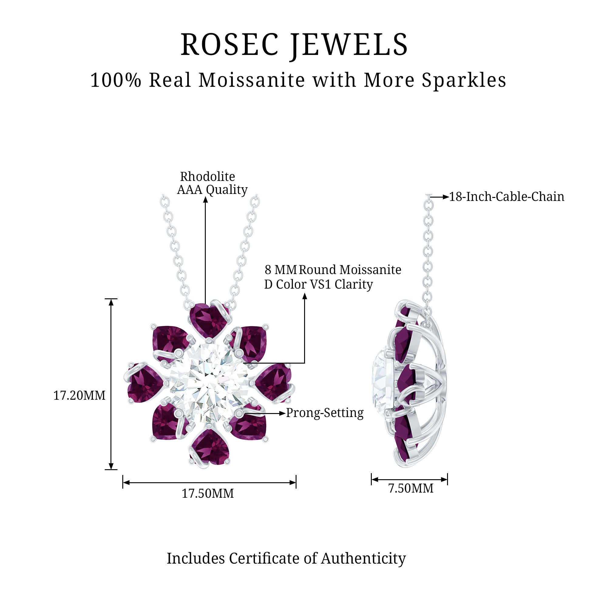 2 Carat Moissanite Designer Necklace with Rhodolite D-VS1 92.5 Sterling Silver - Rosec Jewels