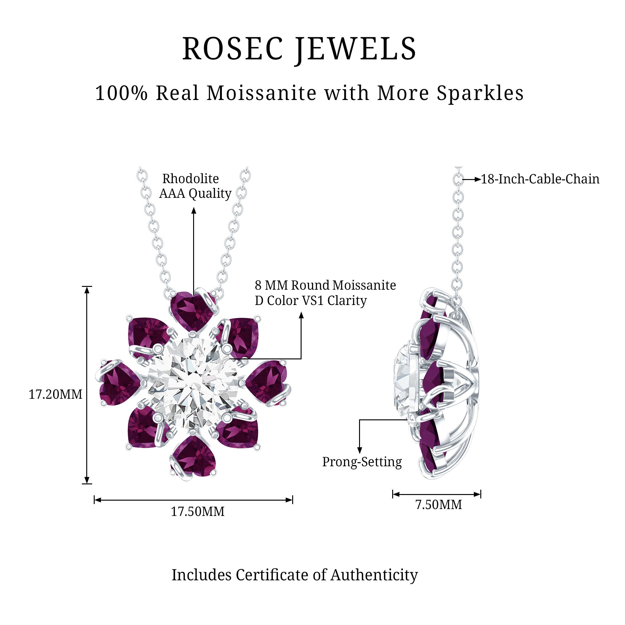 2 Carat Moissanite Designer Necklace with Rhodolite D-VS1 92.5 Sterling Silver - Rosec Jewels