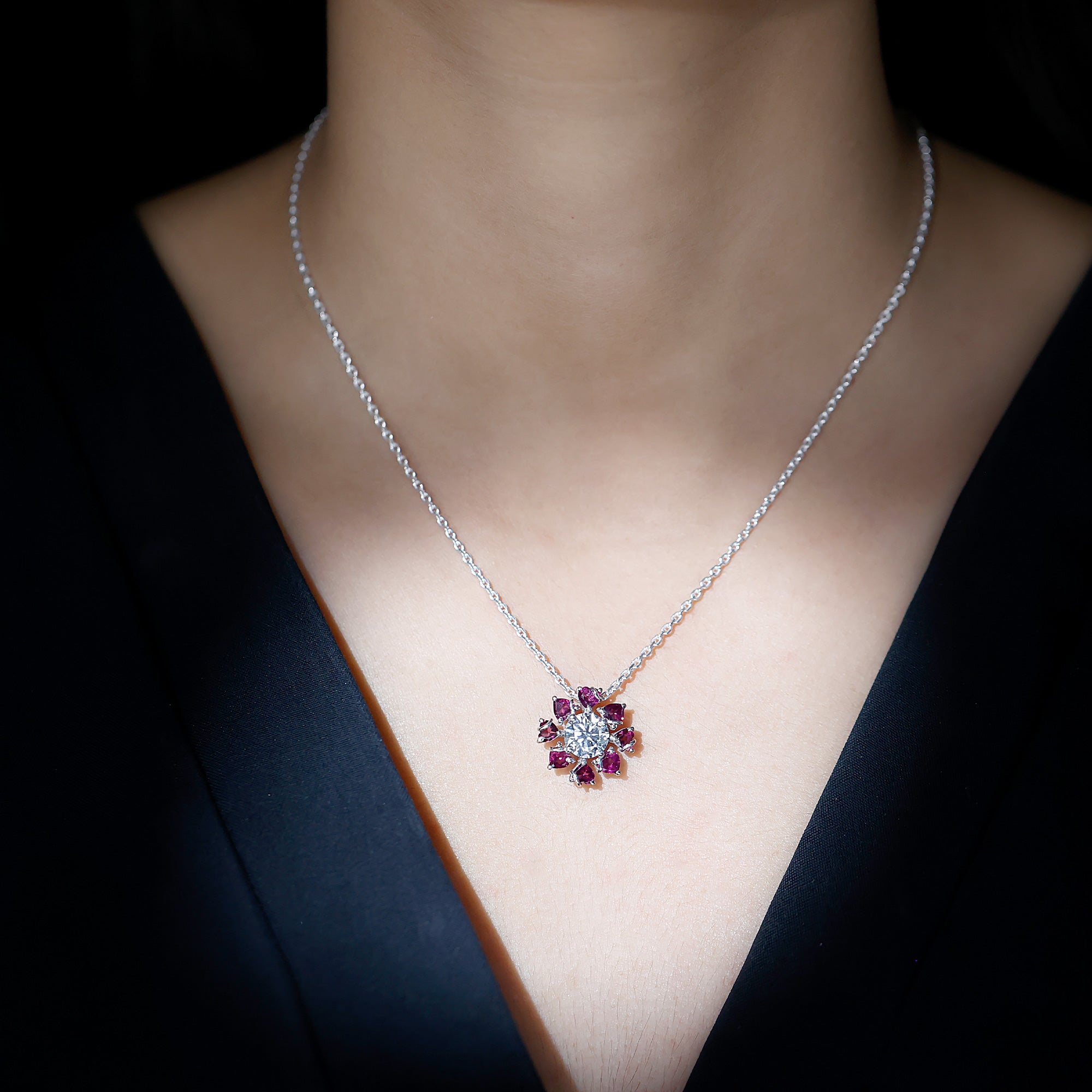 2 Carat Moissanite Designer Necklace with Rhodolite D-VS1 92.5 Sterling Silver - Rosec Jewels