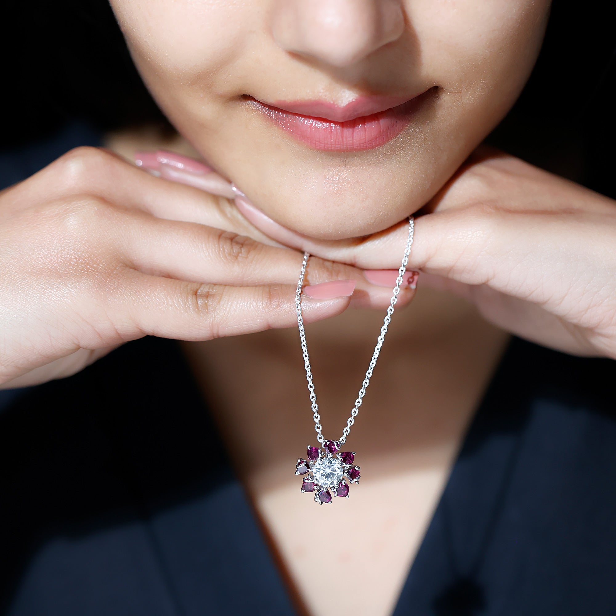 2 Carat Moissanite Designer Necklace with Rhodolite D-VS1 92.5 Sterling Silver - Rosec Jewels
