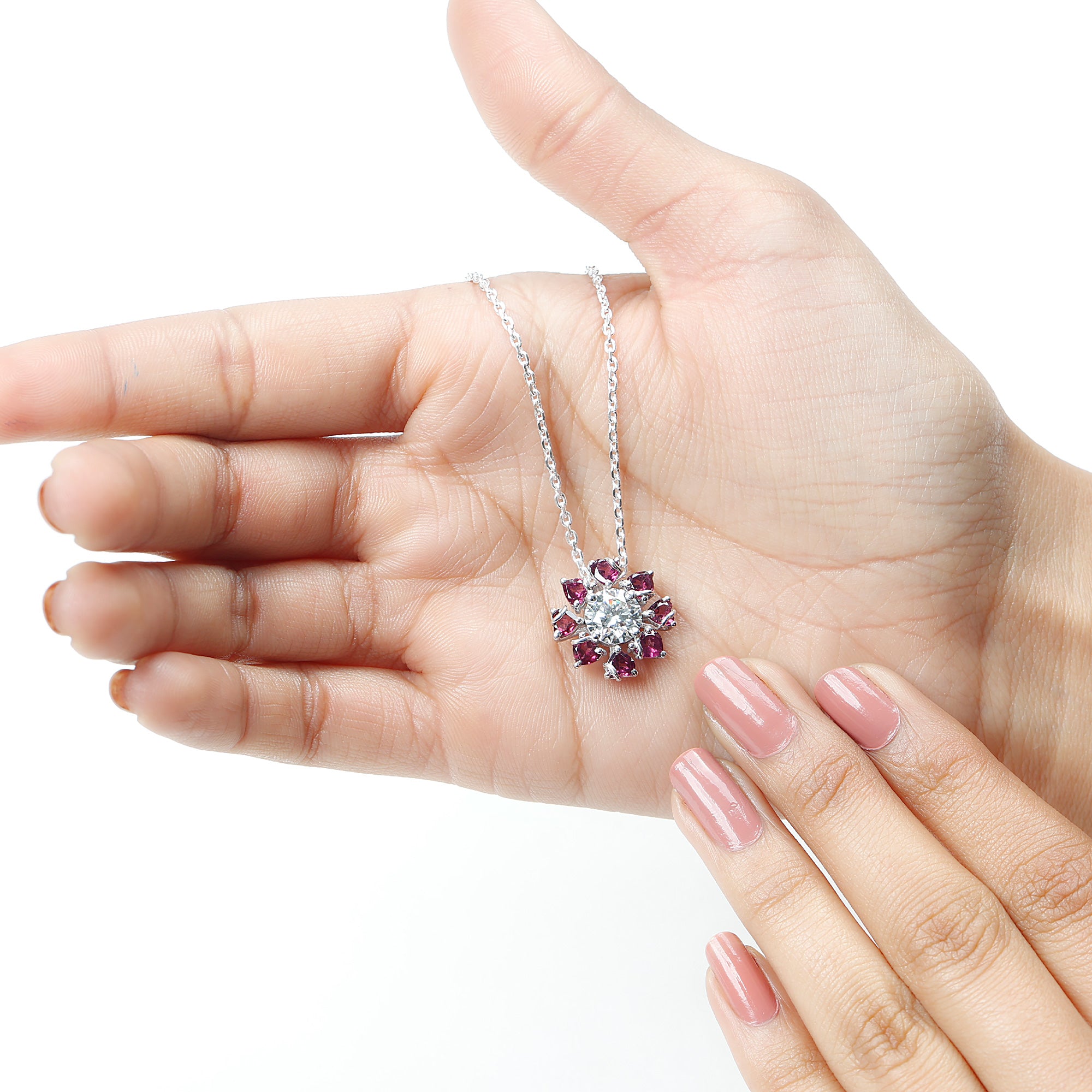 2 Carat Moissanite Designer Necklace with Rhodolite D-VS1 92.5 Sterling Silver - Rosec Jewels