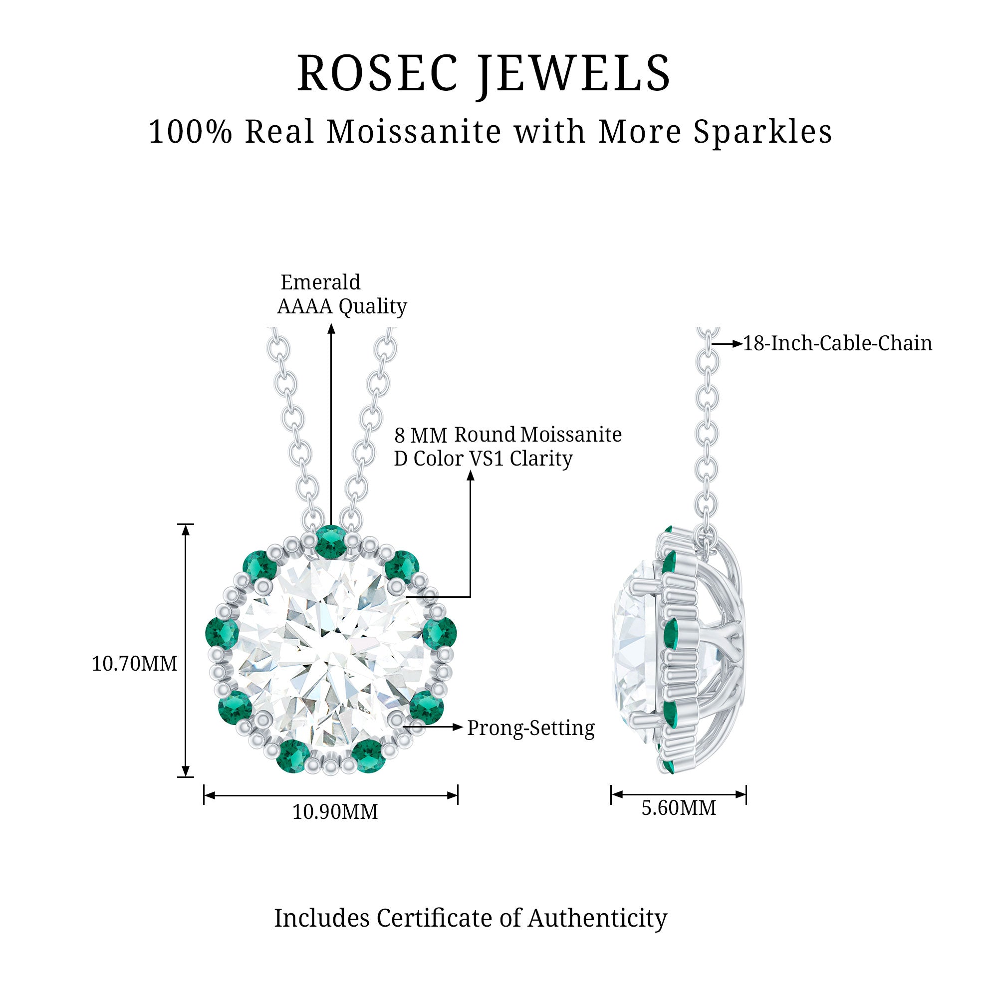 Vintage Style 2 CT Moissanite Solitaire Pendant with Lab Emerald D-VS1 92.5 Sterling Silver - Rosec Jewels
