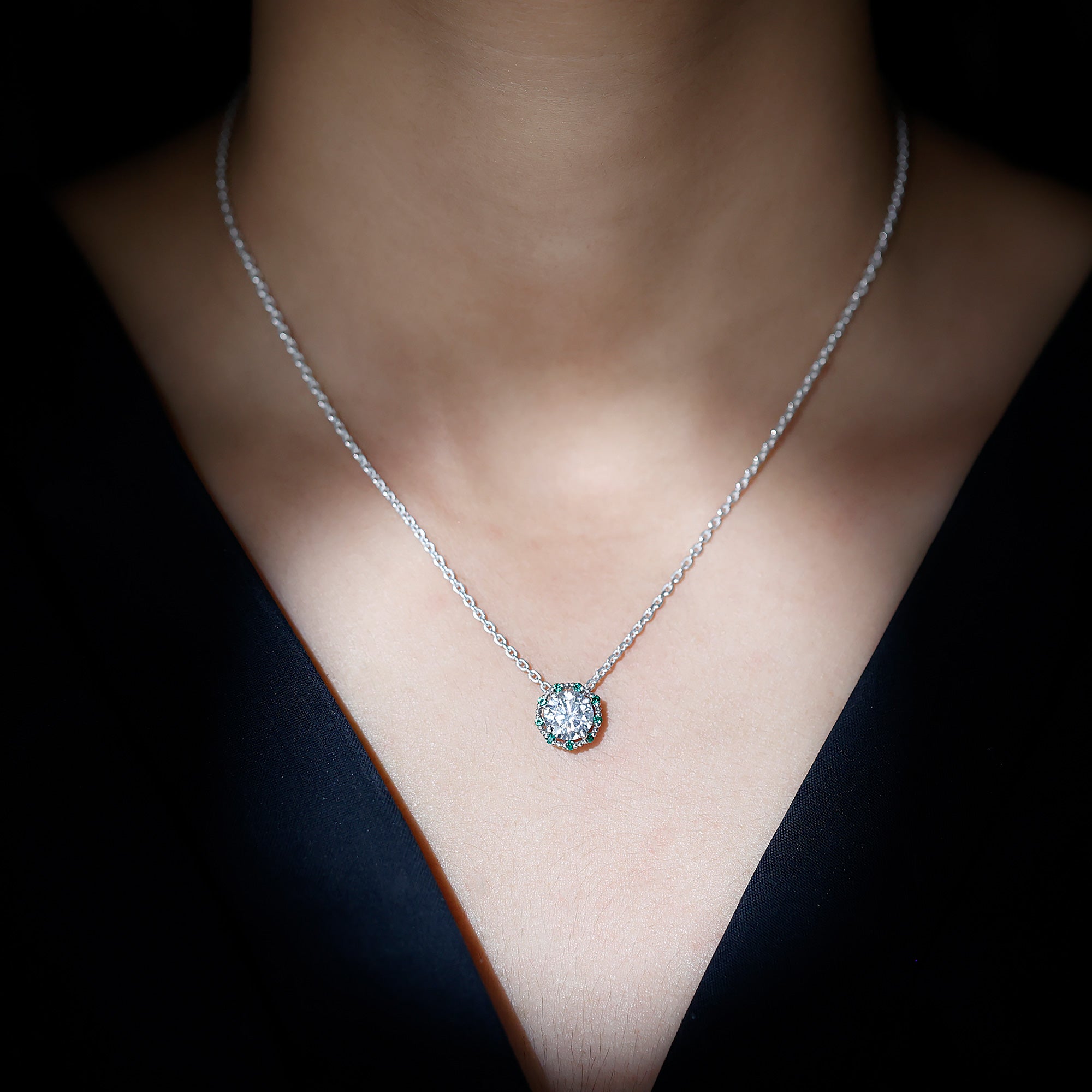 Vintage Style 2 CT Moissanite Solitaire Pendant with Lab Emerald D-VS1 92.5 Sterling Silver - Rosec Jewels