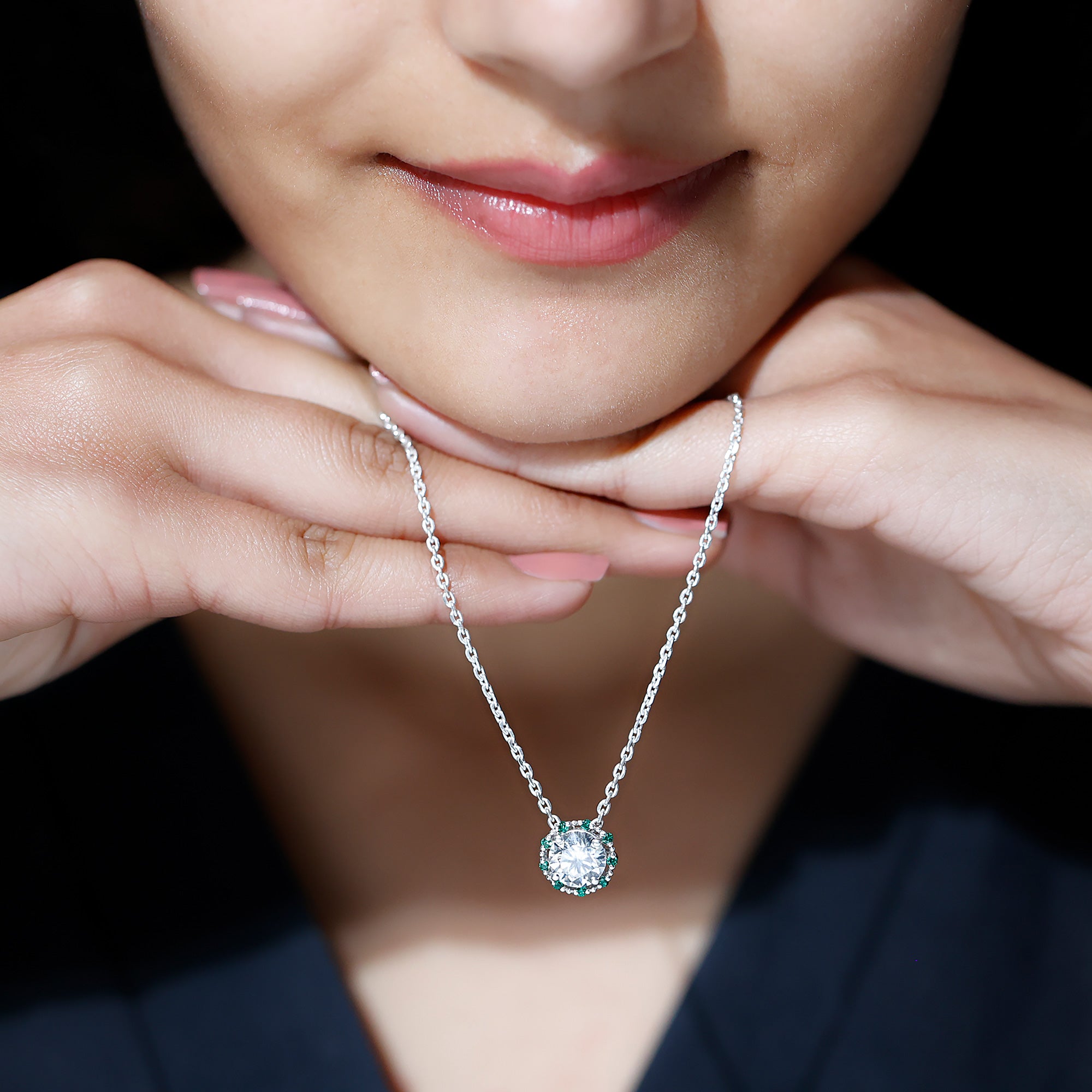 Vintage Style 2 CT Moissanite Solitaire Pendant with Lab Emerald D-VS1 92.5 Sterling Silver - Rosec Jewels
