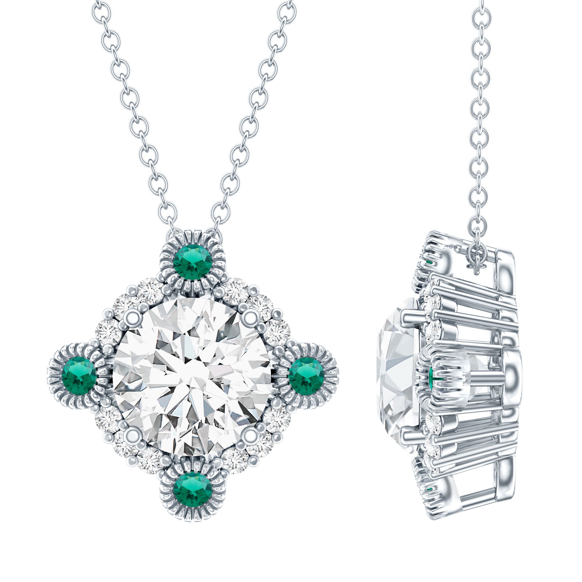 2 Carat Moissanite Vintage Inspired Necklace with Lab Emerald D-VS1 92.5 Sterling Silver - Rosec Jewels
