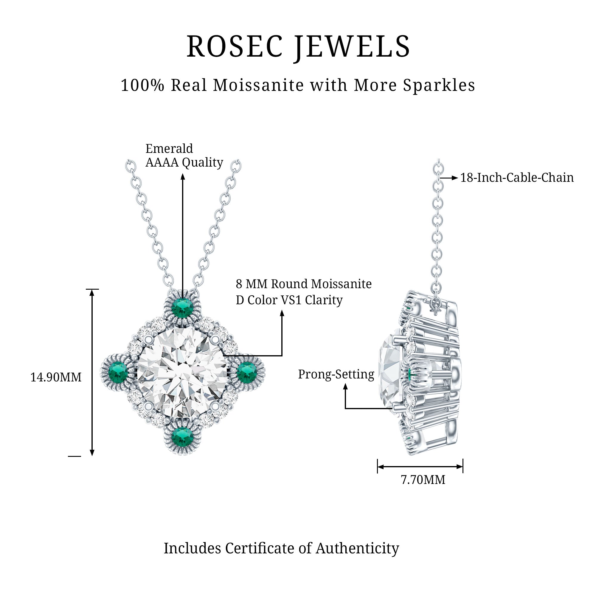 2 Carat Moissanite Vintage Inspired Necklace with Lab Emerald D-VS1 92.5 Sterling Silver - Rosec Jewels