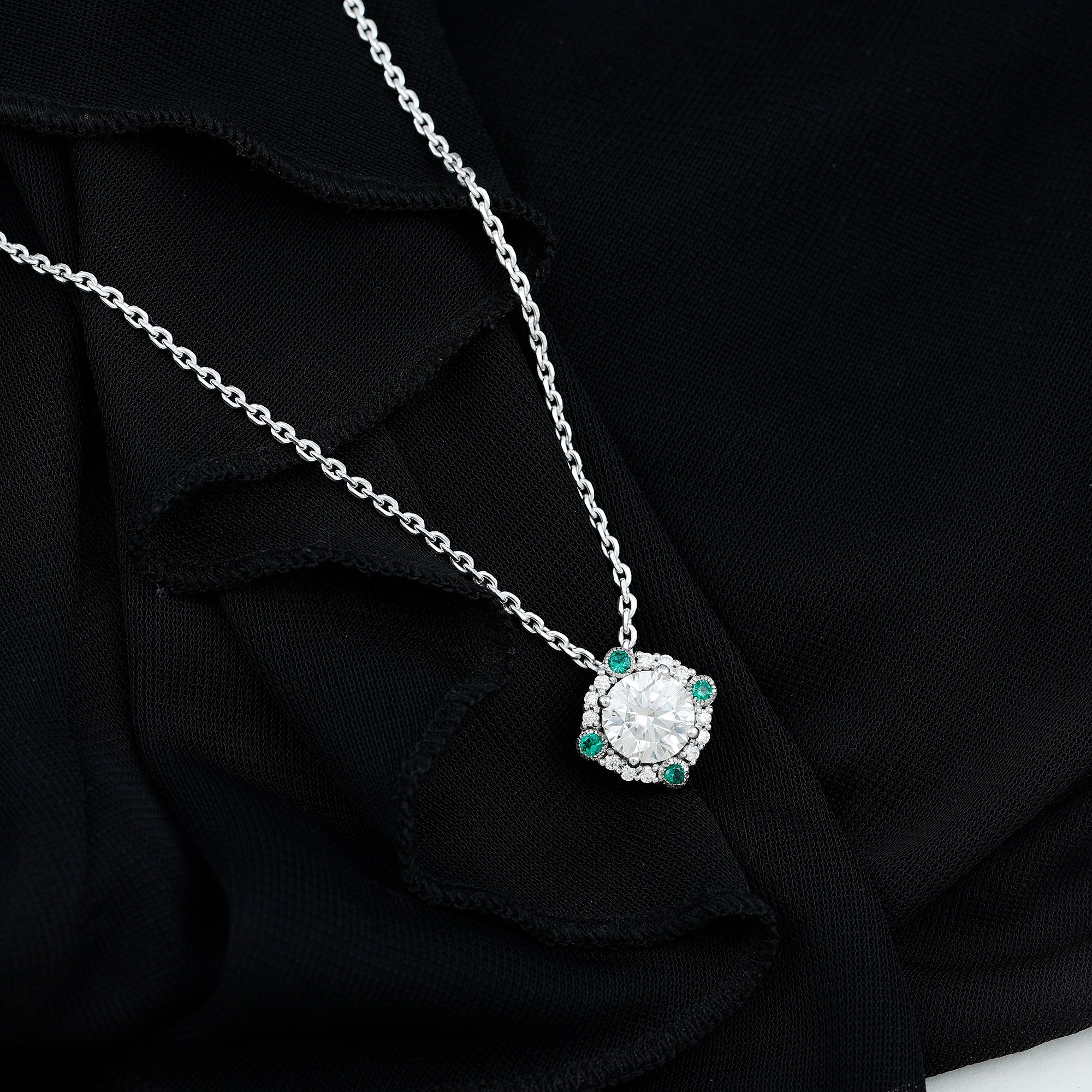 2 Carat Moissanite Vintage Inspired Necklace with Lab Emerald D-VS1 92.5 Sterling Silver - Rosec Jewels