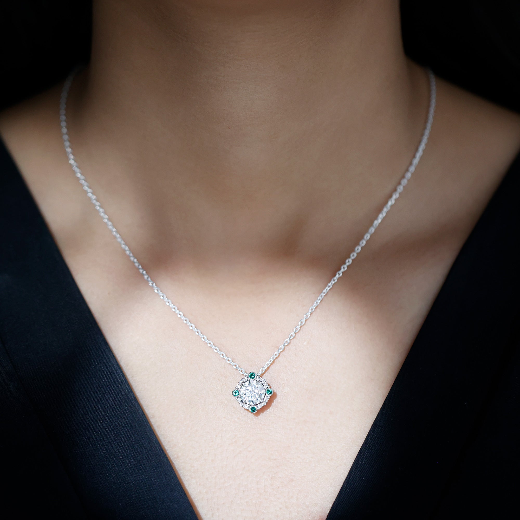 2 Carat Moissanite Vintage Inspired Necklace with Lab Emerald D-VS1 92.5 Sterling Silver - Rosec Jewels