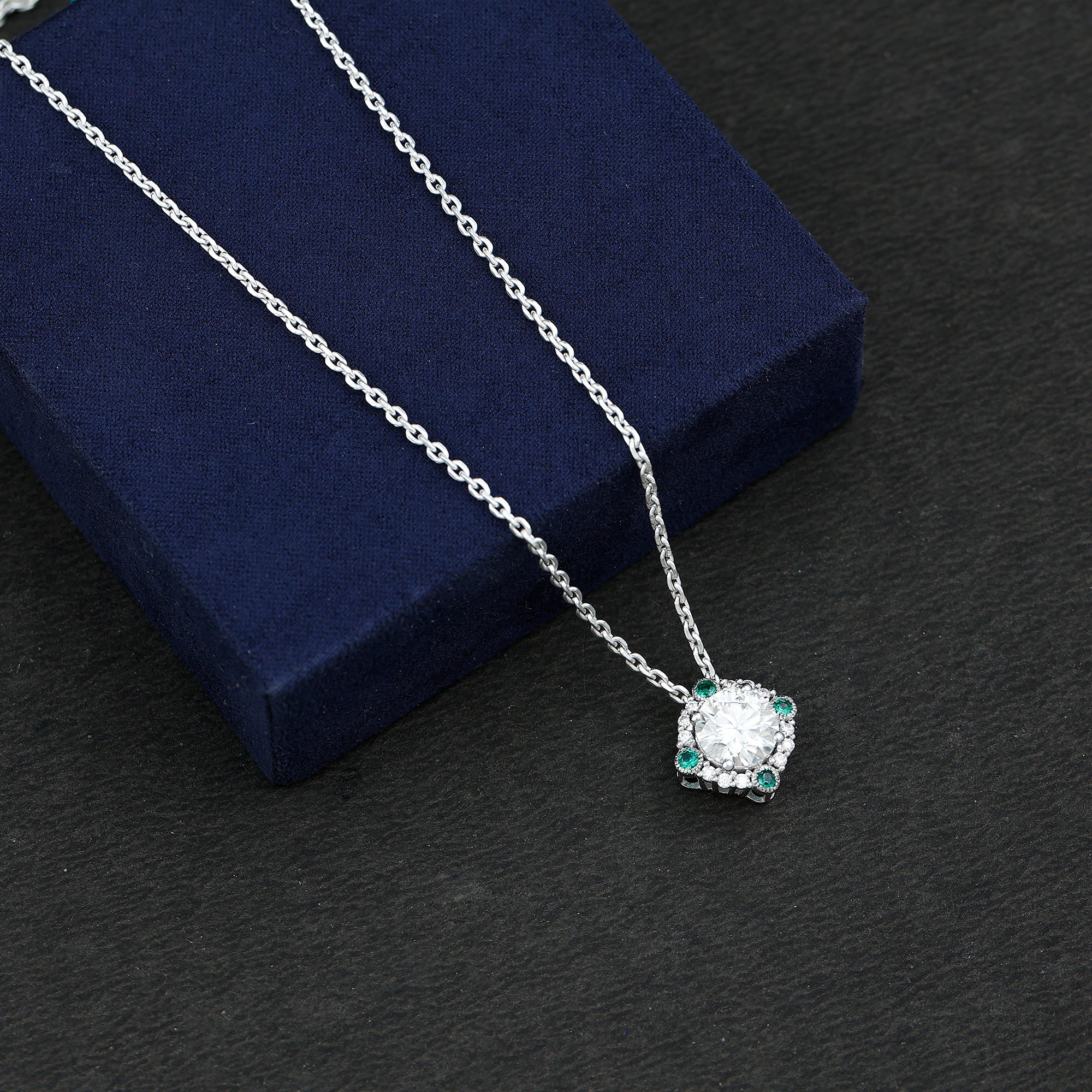 2 Carat Moissanite Vintage Inspired Necklace with Lab Emerald D-VS1 92.5 Sterling Silver - Rosec Jewels