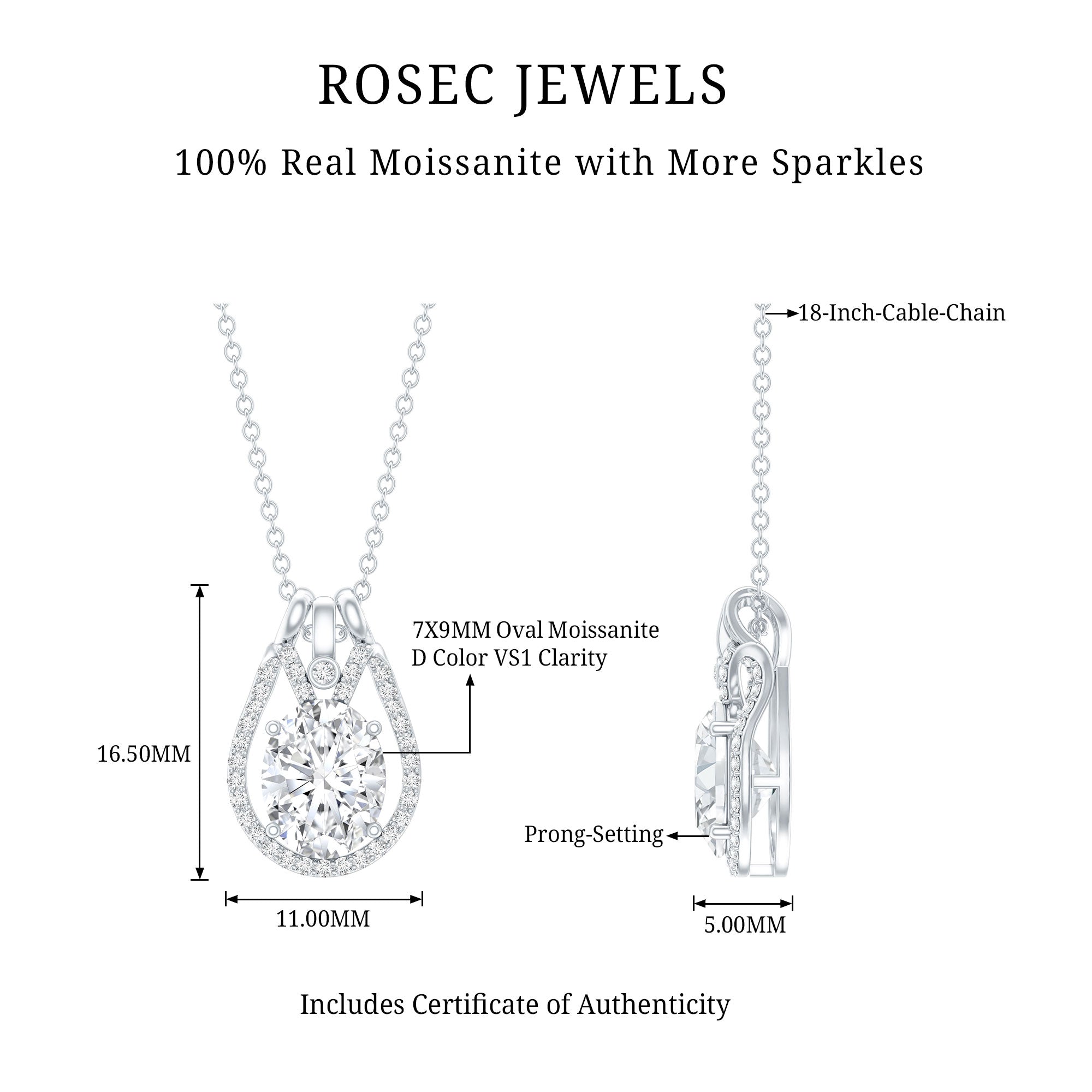 2 Carat Oval Cut Moissanite Drop Necklace For Wedding D-VS1 92.5 Sterling Silver - Rosec Jewels