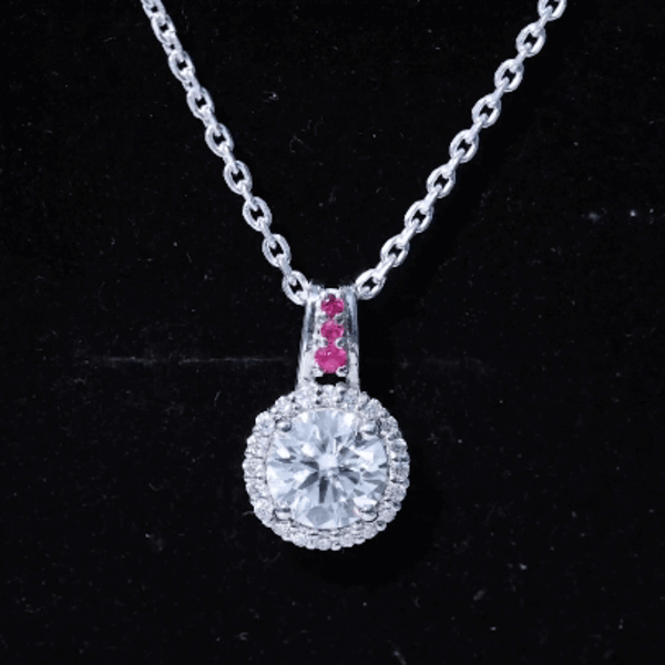 Sterling Silver 2 Carat Moissanite Halo Pendant Necklace with Ruby D-VS1 92.5 Sterling Silver - Rosec Jewels