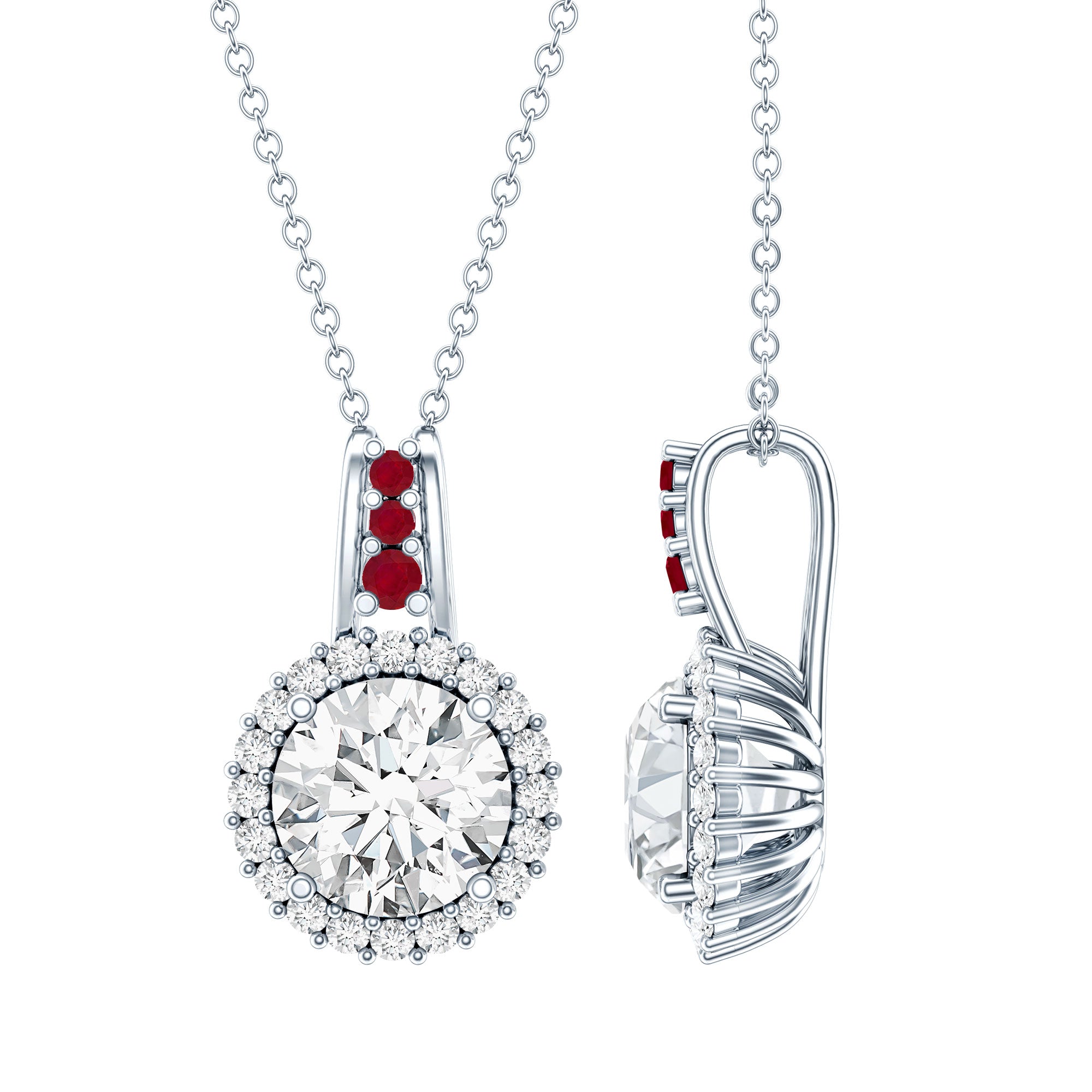 Sterling Silver 2 Carat Moissanite Halo Pendant Necklace with Ruby D-VS1 92.5 Sterling Silver - Rosec Jewels