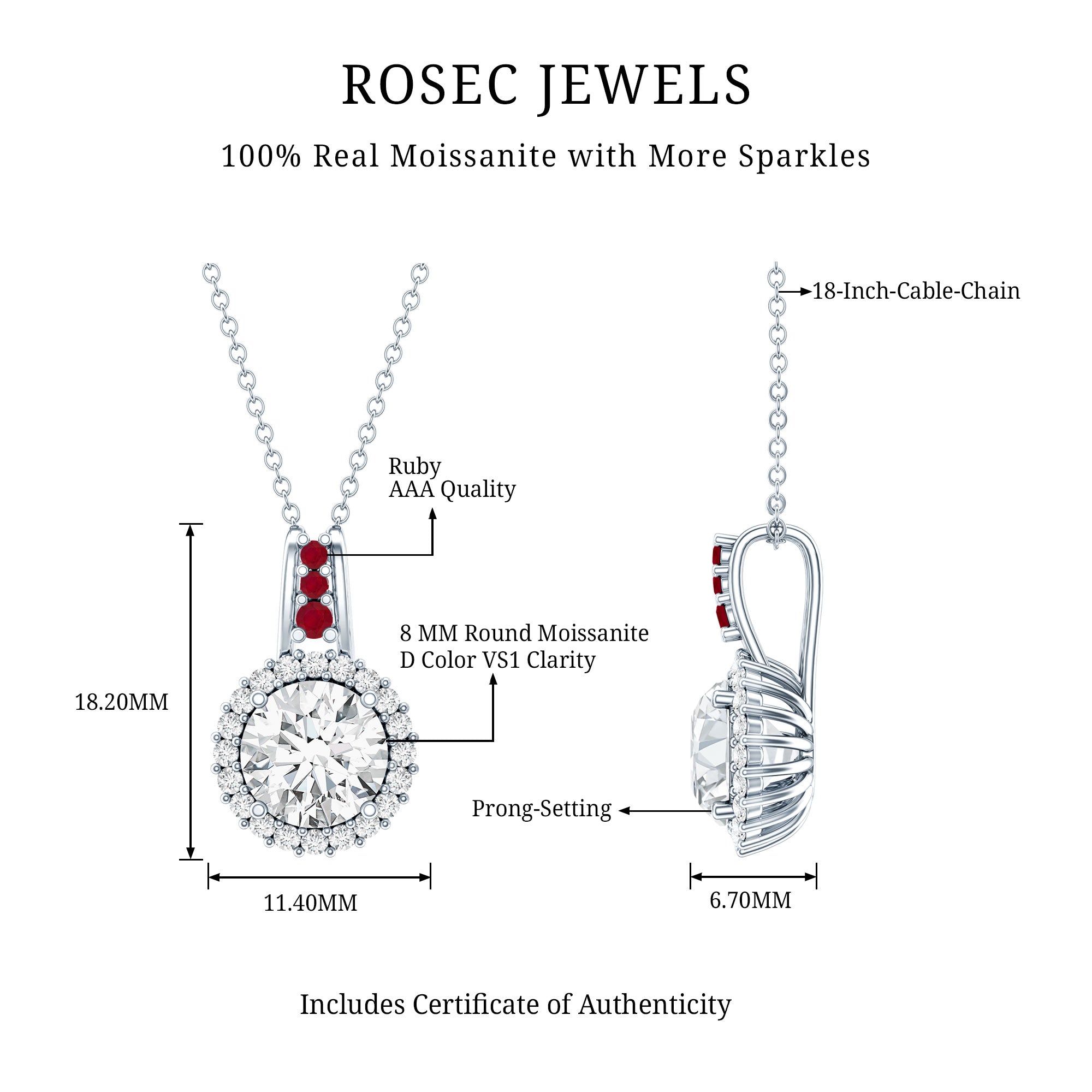 Sterling Silver 2 Carat Moissanite Halo Pendant Necklace with Ruby D-VS1 92.5 Sterling Silver - Rosec Jewels
