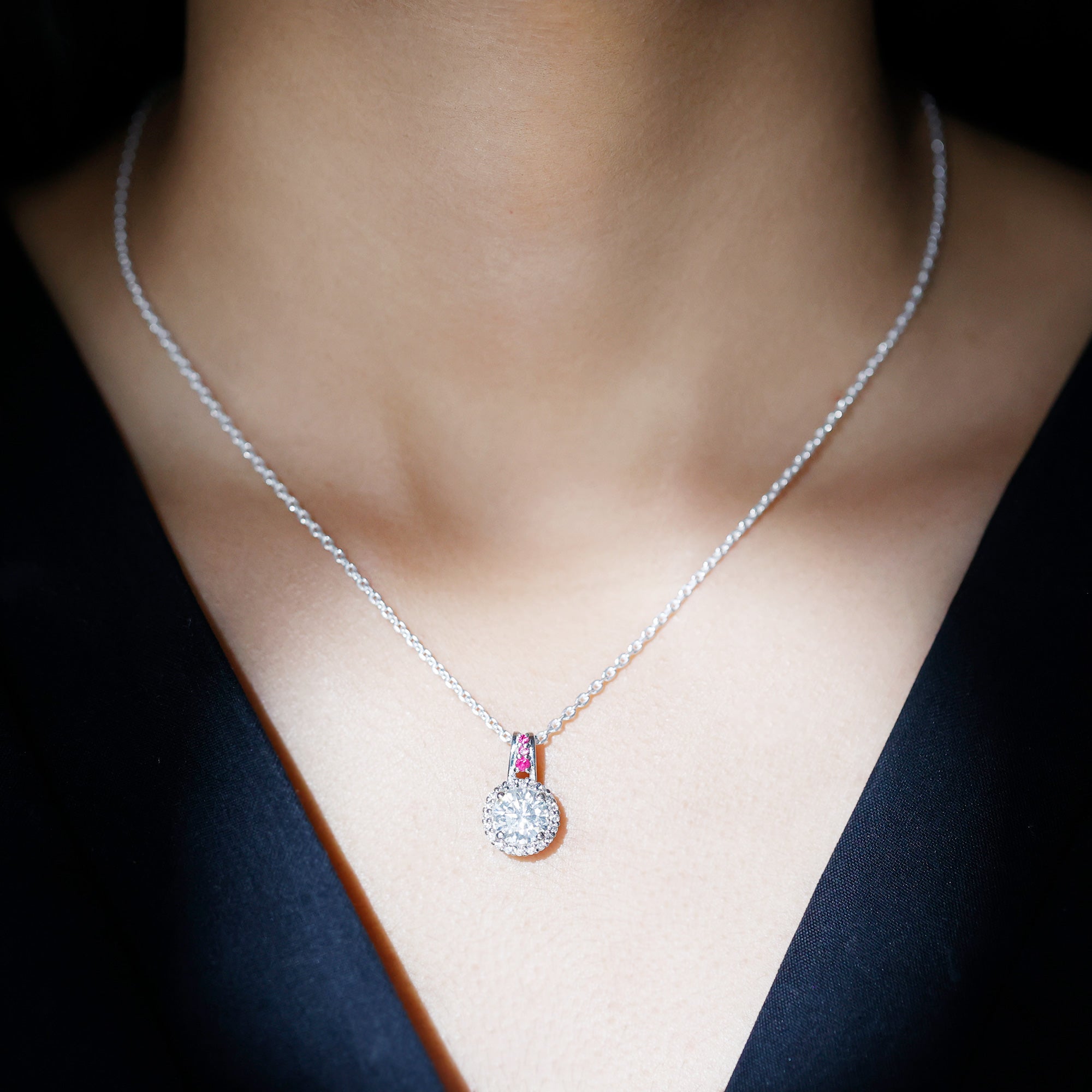 Sterling Silver 2 Carat Moissanite Halo Pendant Necklace with Ruby D-VS1 92.5 Sterling Silver - Rosec Jewels