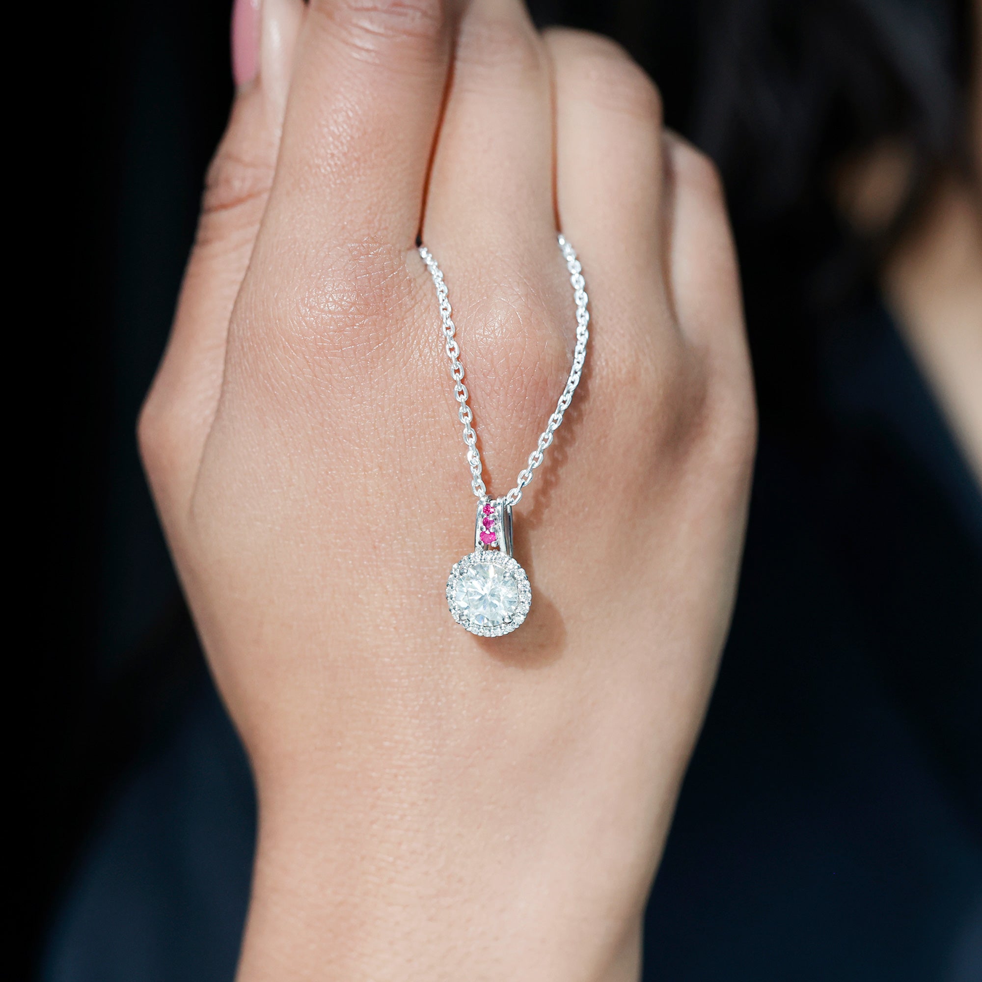 Sterling Silver 2 Carat Moissanite Halo Pendant Necklace with Ruby D-VS1 92.5 Sterling Silver - Rosec Jewels
