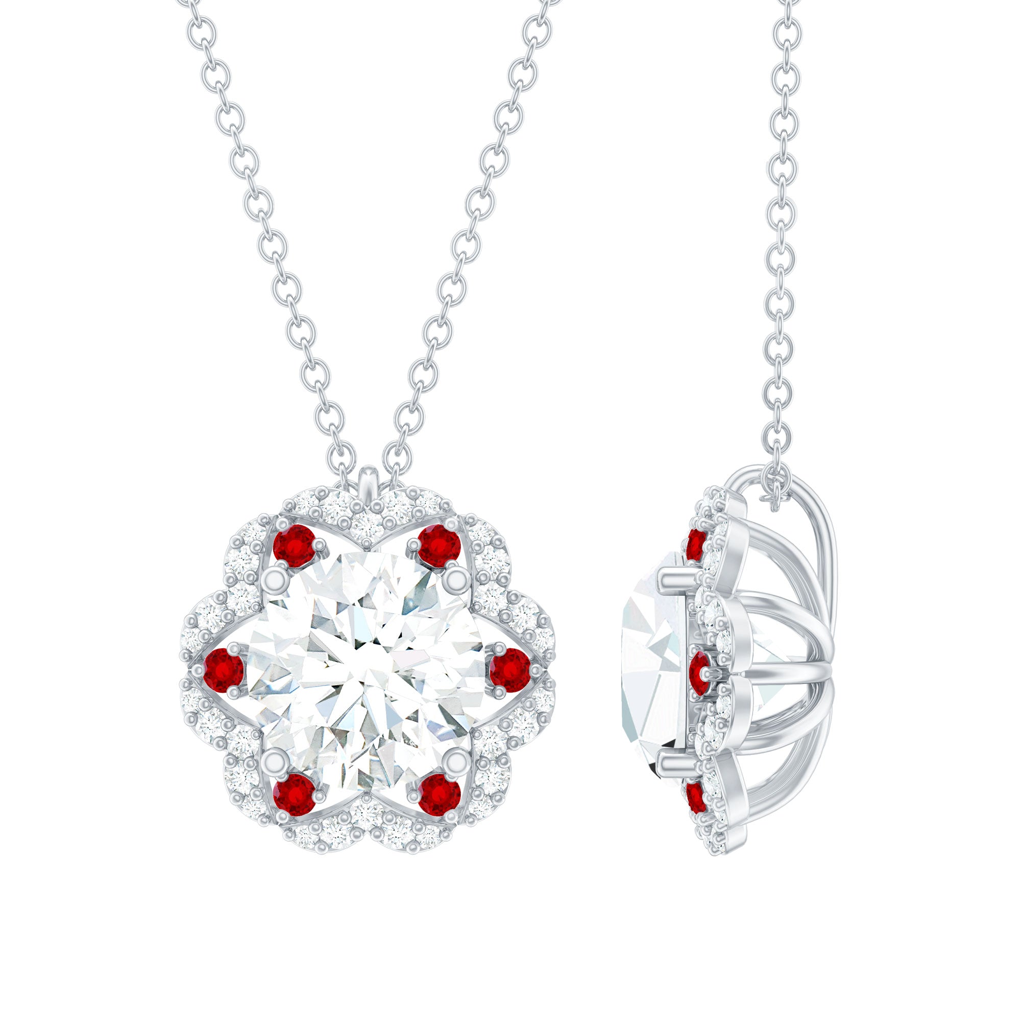 Certified 8 MM Moissanite Flower Statement Necklace with Lab Ruby