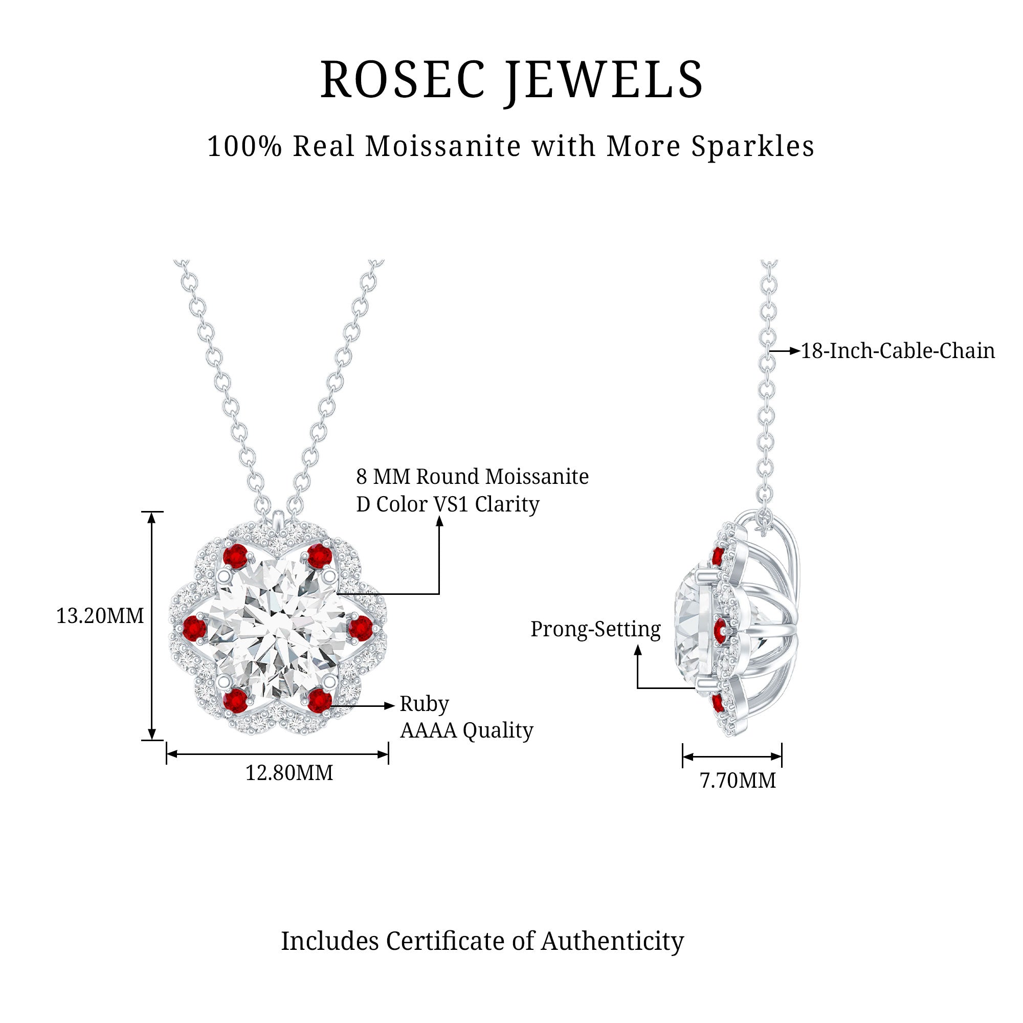 Certified 2 Carat Moissanite Statement Necklace with Lab Ruby D-VS1 92.5 Sterling Silver - Rosec Jewels