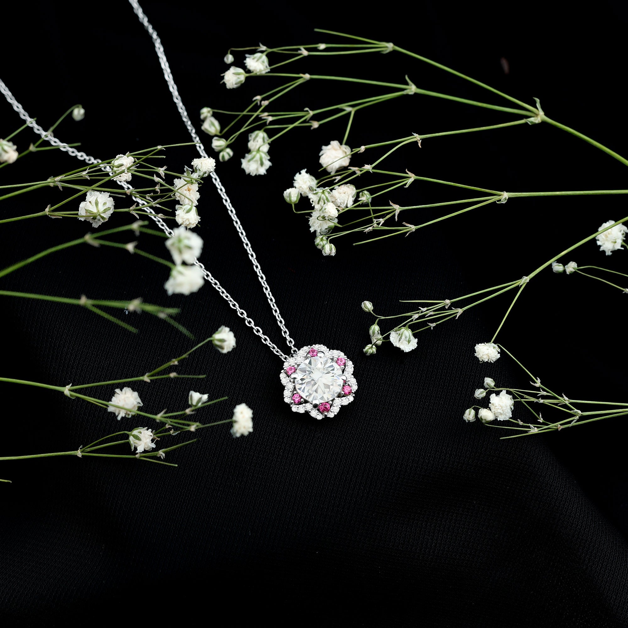 Certified 2 Carat Moissanite Statement Necklace with Lab Ruby D-VS1 92.5 Sterling Silver - Rosec Jewels