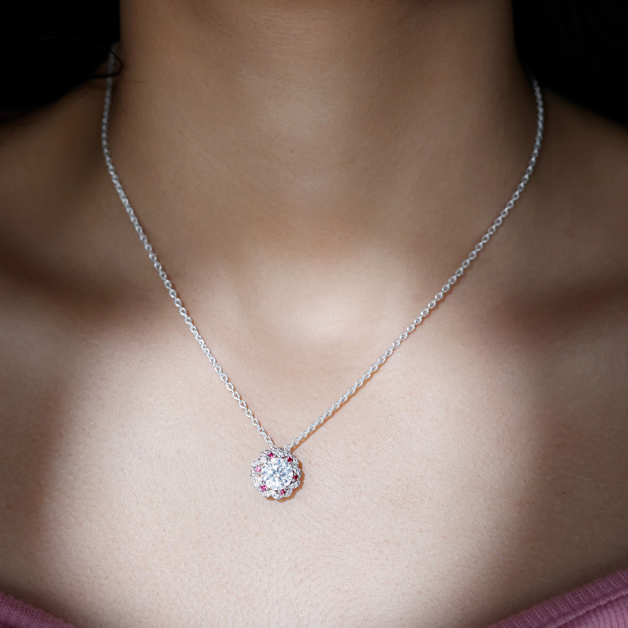 Certified 2 Carat Moissanite Statement Necklace with Lab Ruby D-VS1 92.5 Sterling Silver - Rosec Jewels