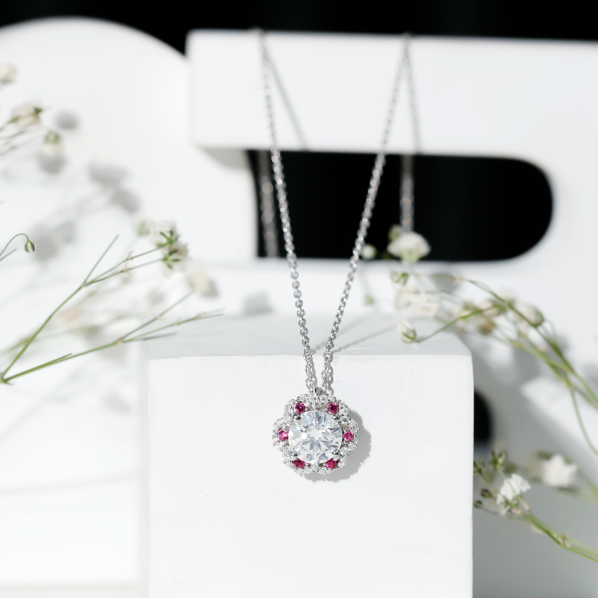 Certified 2 Carat Moissanite Statement Necklace with Lab Ruby D-VS1 92.5 Sterling Silver - Rosec Jewels
