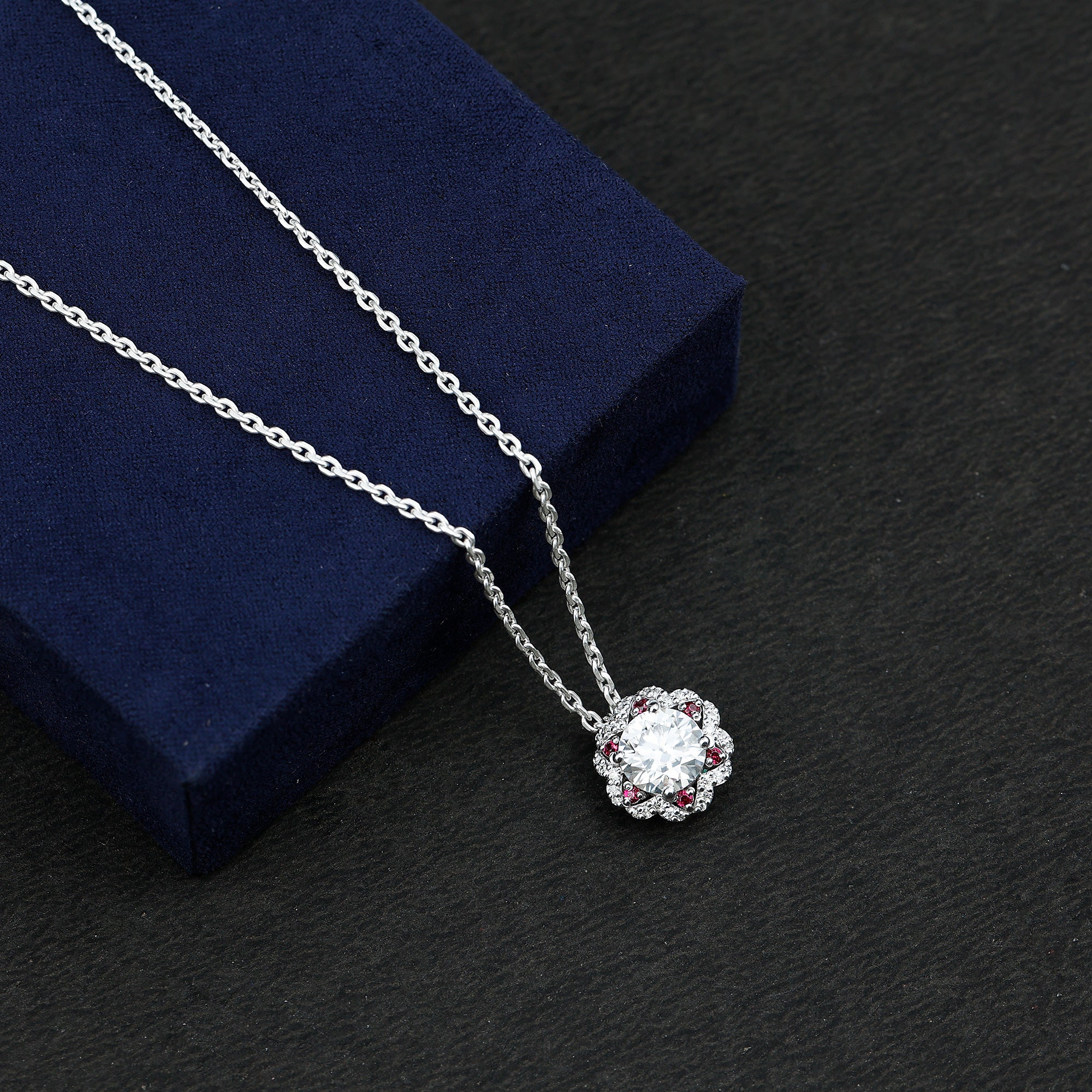 Certified 2 Carat Moissanite Statement Necklace with Lab Ruby D-VS1 92.5 Sterling Silver - Rosec Jewels