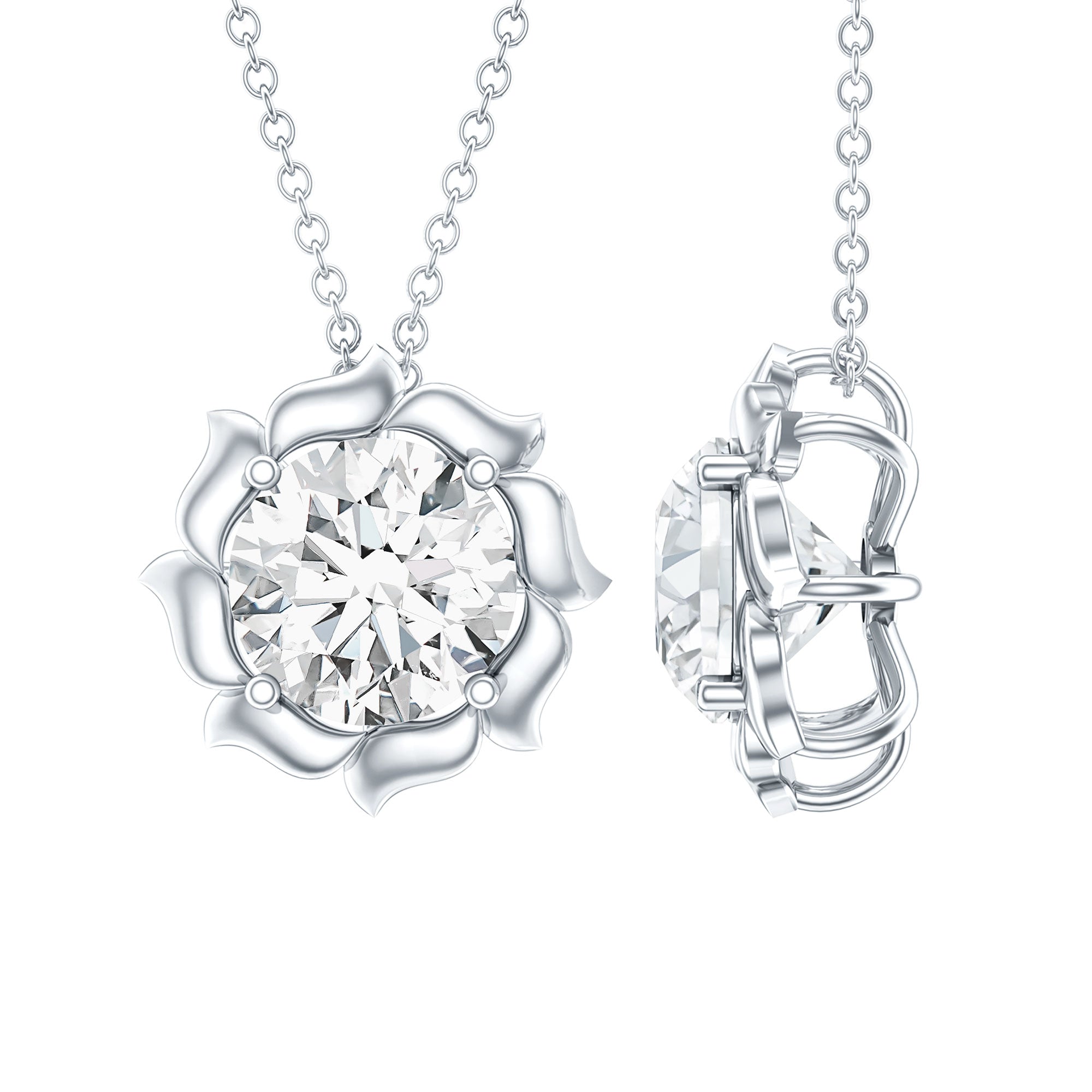 2 Carat Solitaire Moissanite Flower Pendant with Silver Chain D-VS1 92.5 Sterling Silver - Rosec Jewels