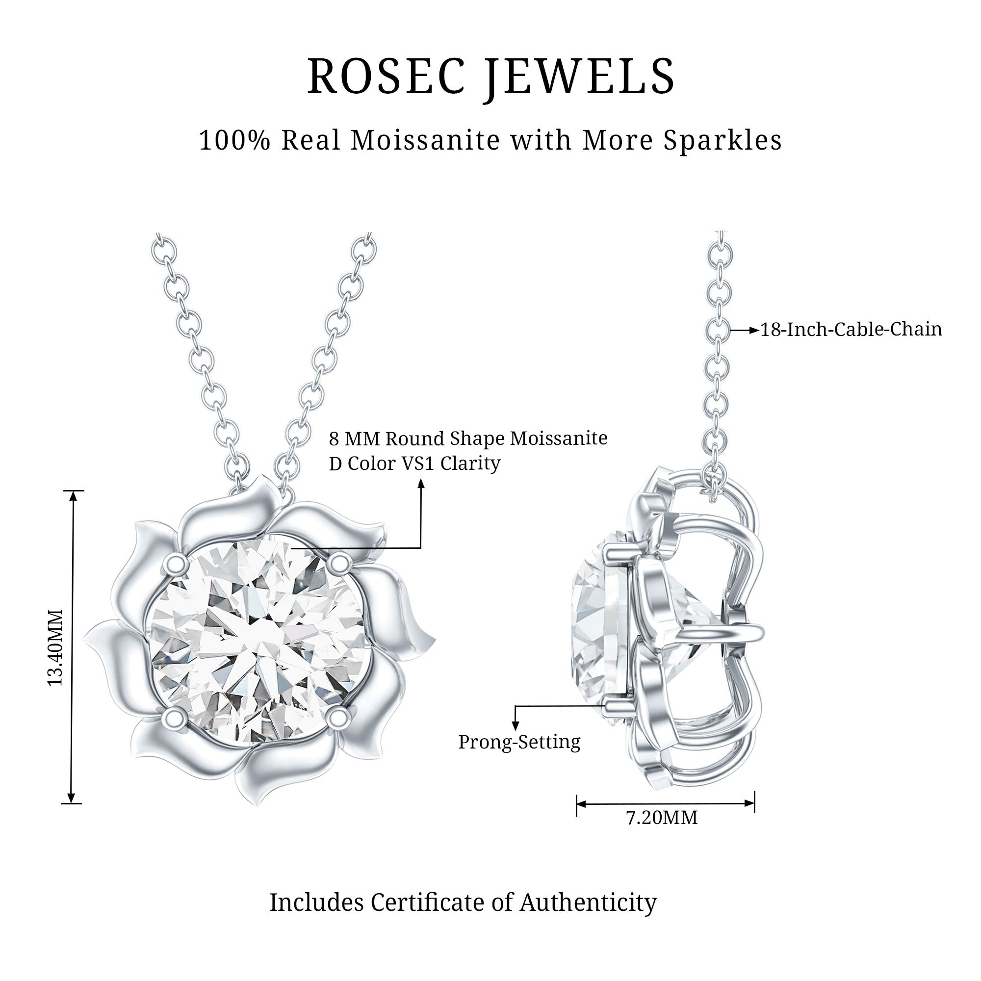 2 Carat Solitaire Moissanite Flower Pendant with Silver Chain D-VS1 92.5 Sterling Silver - Rosec Jewels