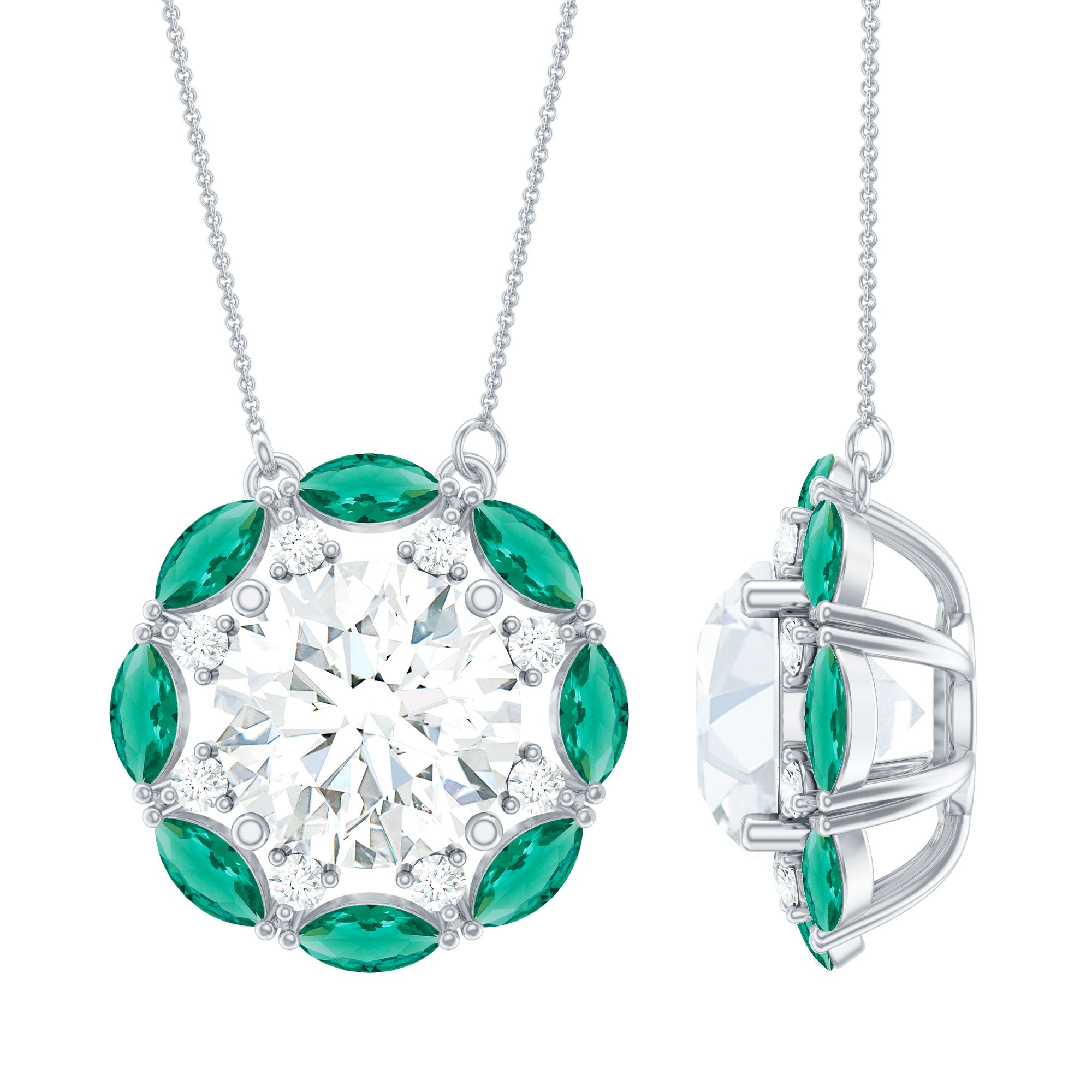2 Carat Moissanite Statement Halo Necklace with Lab Grown Emerald AAAA 92.5 Sterling Silver - Rosec Jewels