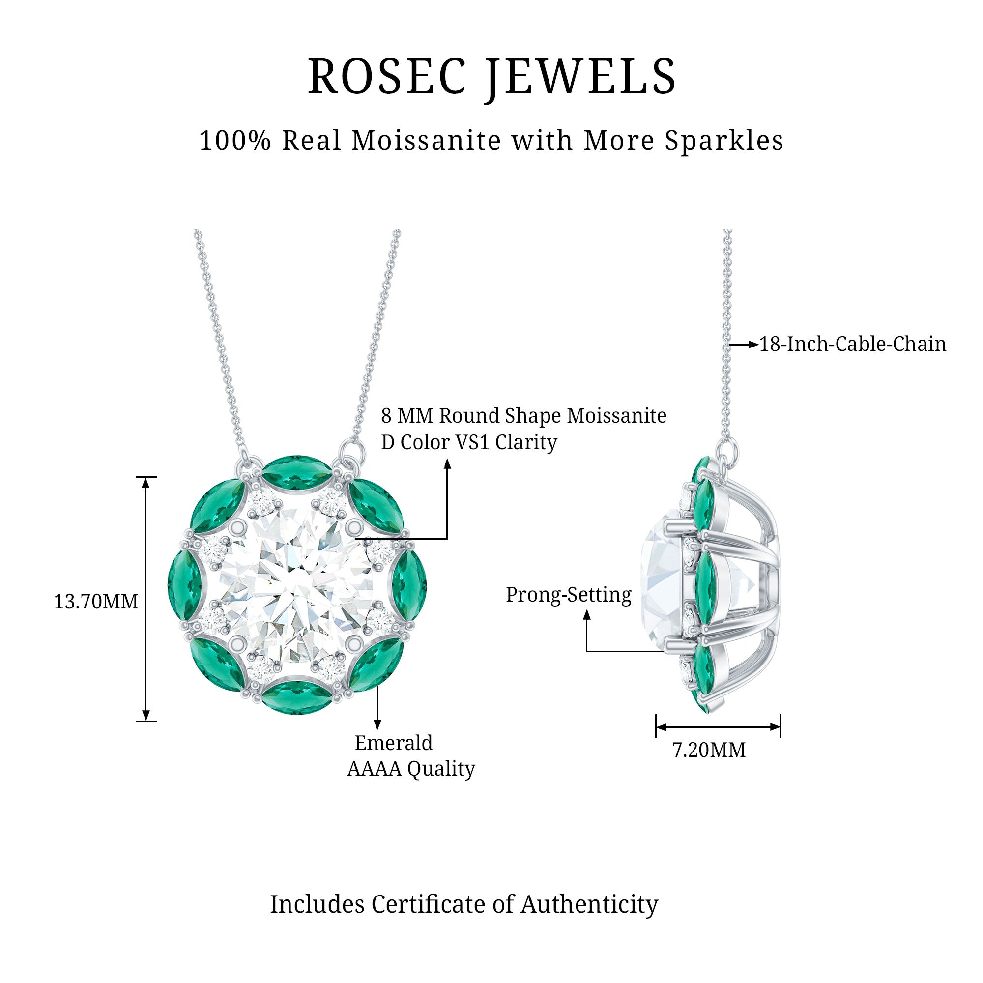 2 Carat Moissanite Statement Halo Necklace with Lab Grown Emerald AAAA 92.5 Sterling Silver - Rosec Jewels