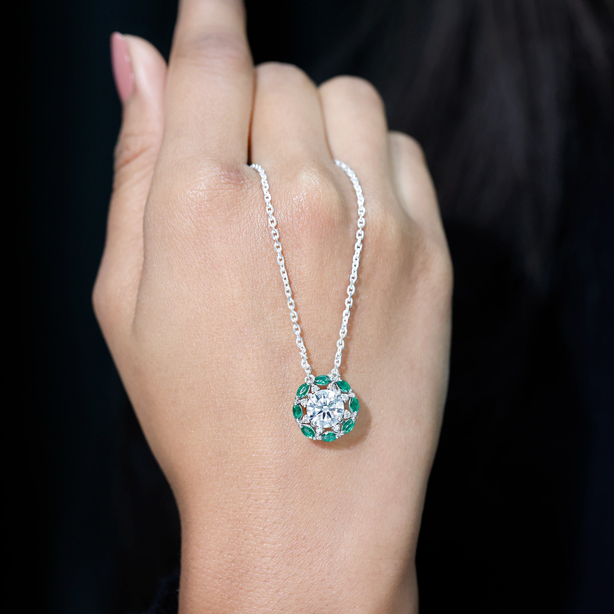 2 Carat Moissanite Statement Halo Necklace with Lab Grown Emerald AAAA 92.5 Sterling Silver - Rosec Jewels