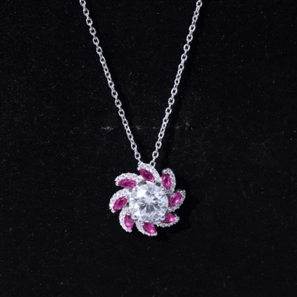 2 Carat Moissanite and Lab Ruby Flower Pendant Necklace D-VS1 92.5 Sterling Silver - Rosec Jewels