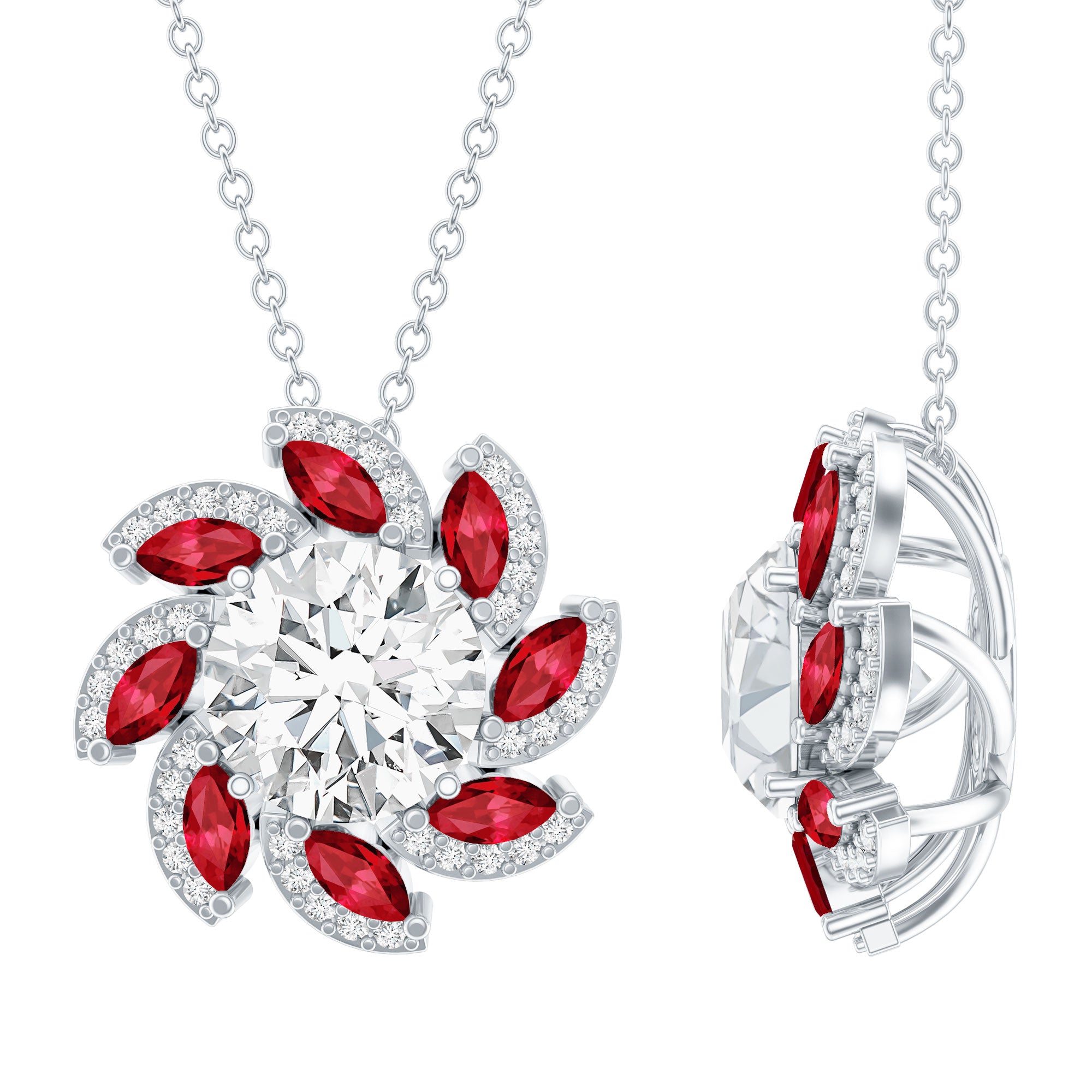 2 Carat Moissanite and Lab Ruby Flower Pendant Necklace D-VS1 92.5 Sterling Silver - Rosec Jewels