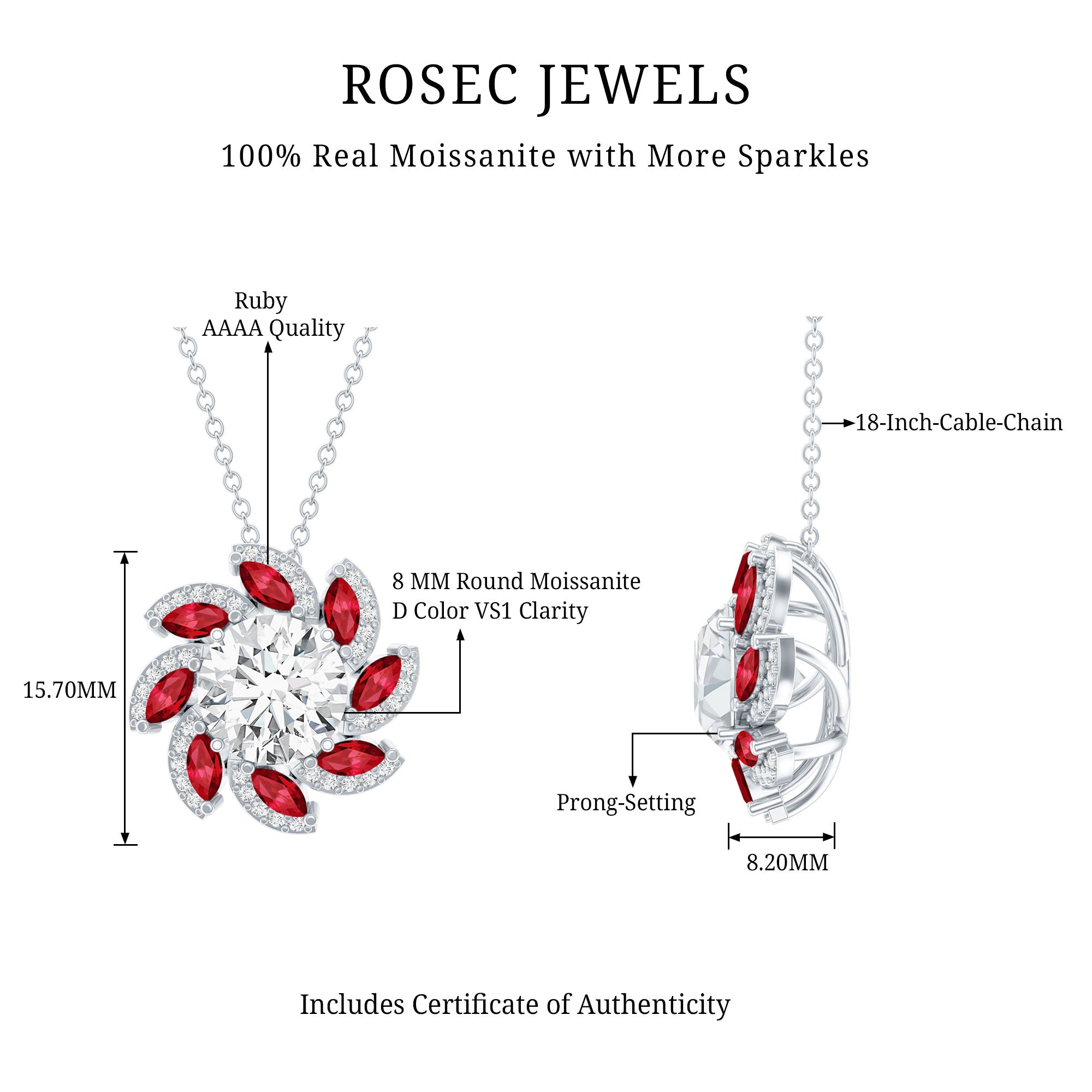 2 Carat Moissanite and Lab Ruby Flower Pendant Necklace D-VS1 92.5 Sterling Silver - Rosec Jewels