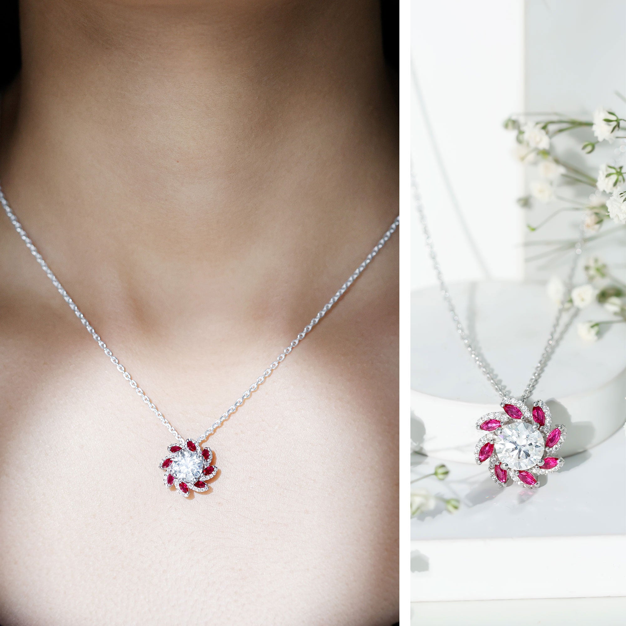 2 Carat Moissanite and Lab Ruby Flower Pendant Necklace D-VS1 92.5 Sterling Silver - Rosec Jewels