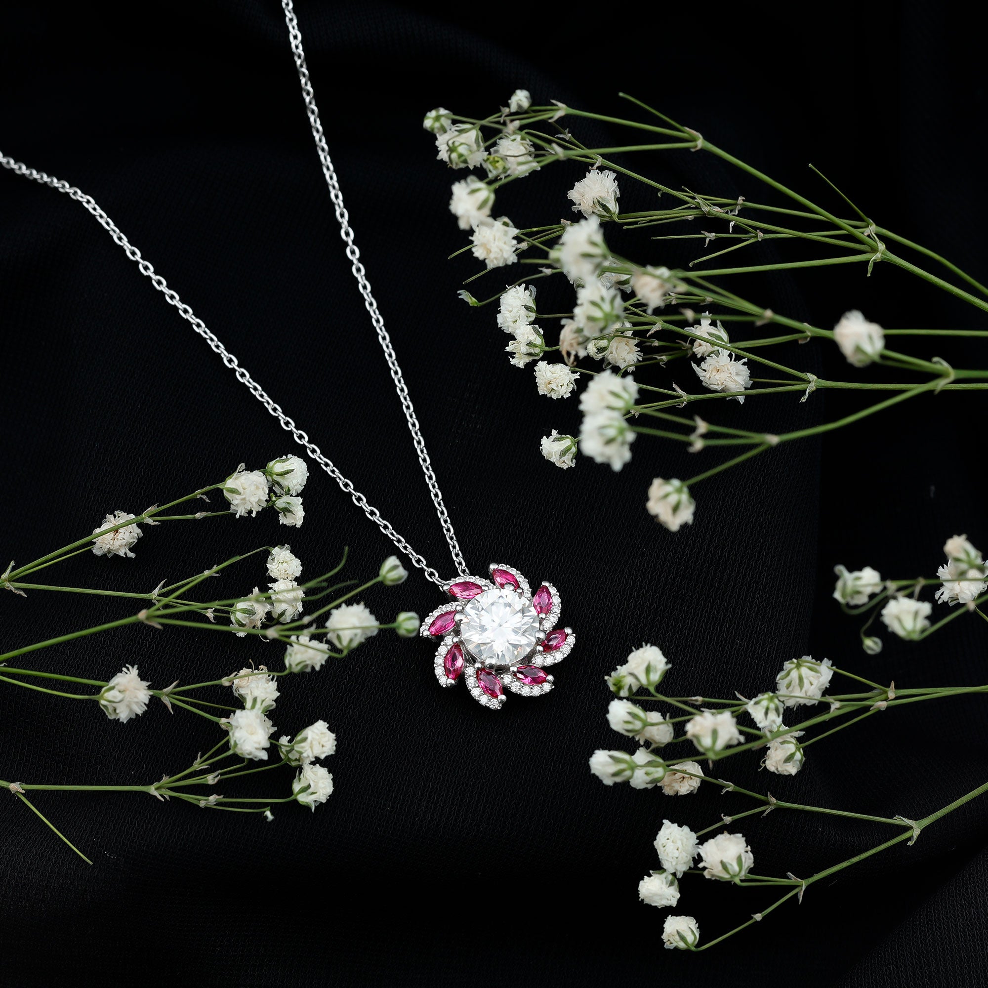 2 Carat Moissanite and Lab Ruby Flower Pendant Necklace D-VS1 92.5 Sterling Silver - Rosec Jewels