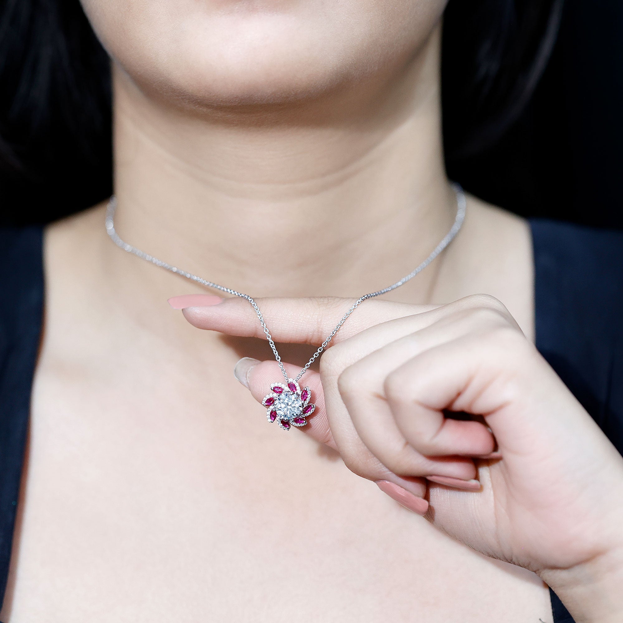 2 Carat Moissanite and Lab Ruby Flower Pendant Necklace D-VS1 92.5 Sterling Silver - Rosec Jewels