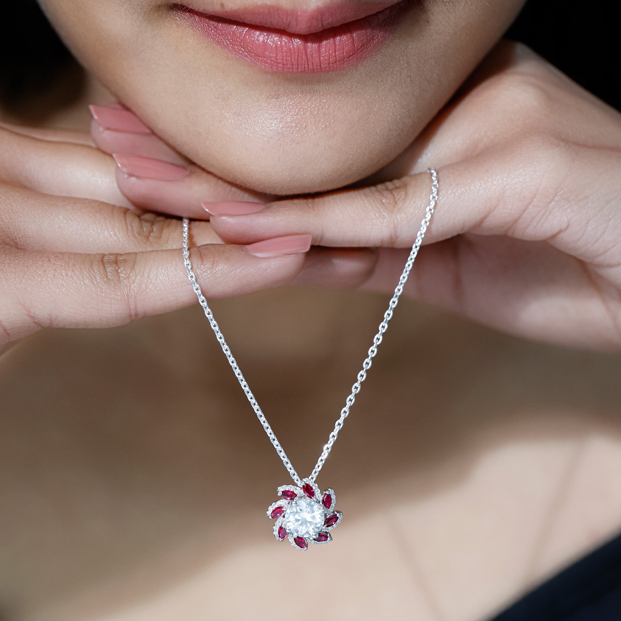 2 Carat Moissanite and Lab Ruby Flower Pendant Necklace D-VS1 92.5 Sterling Silver - Rosec Jewels