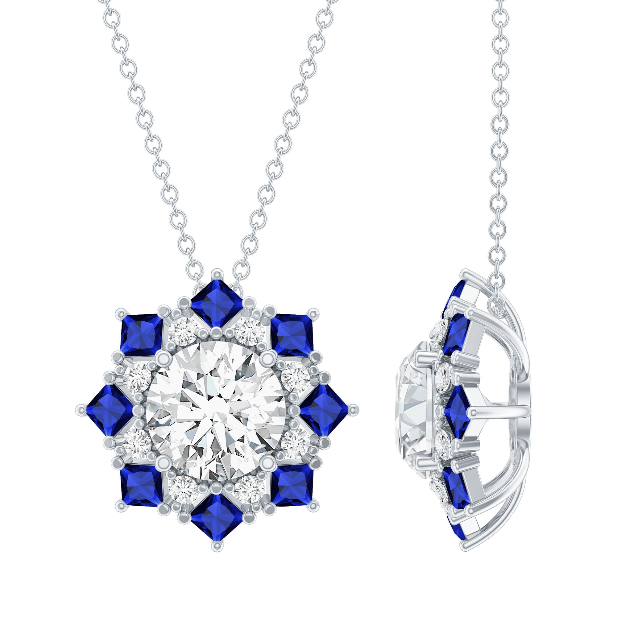 Certified 2 Carat Moissanite and Sapphire Designer Necklace with Silver Chain D-VS1 92.5 Sterling Silver - Rosec Jewels