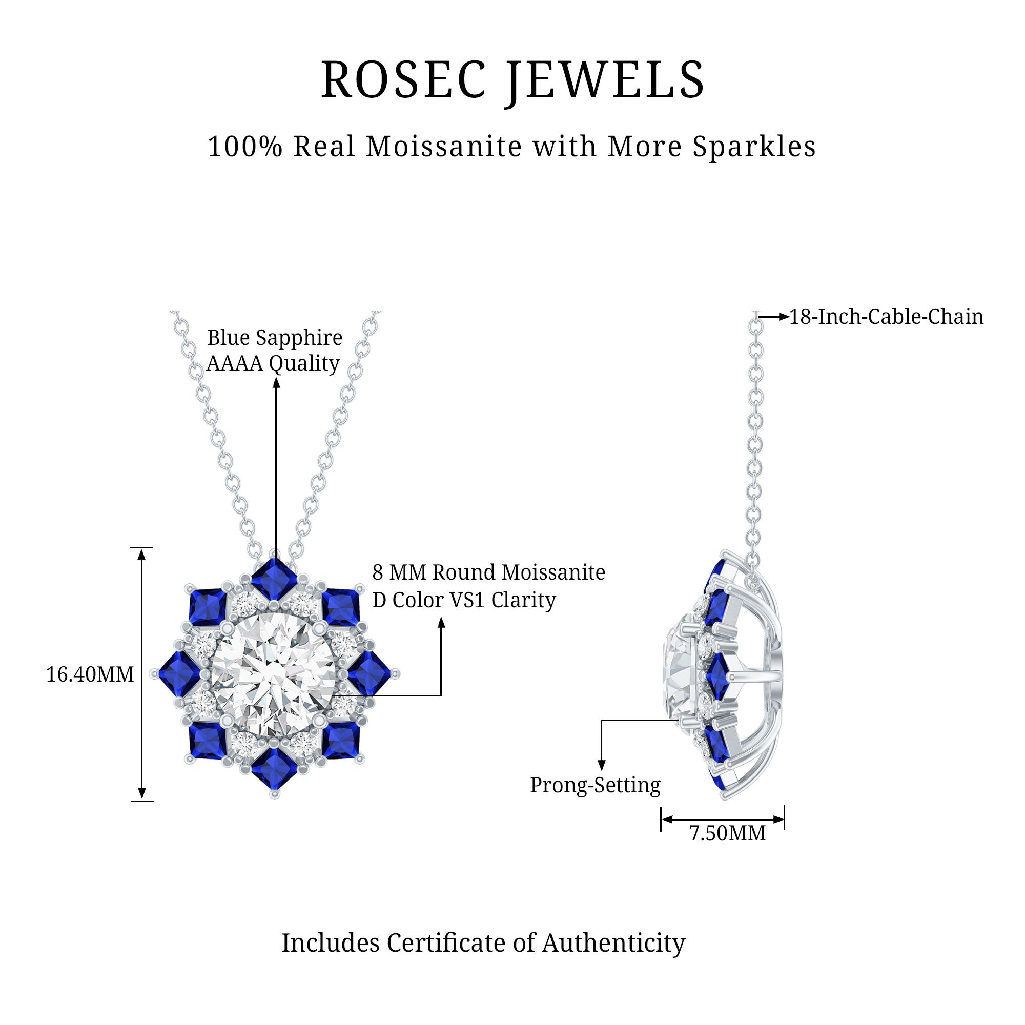 Certified 2 Carat Moissanite and Sapphire Designer Necklace with Silver Chain D-VS1 92.5 Sterling Silver - Rosec Jewels
