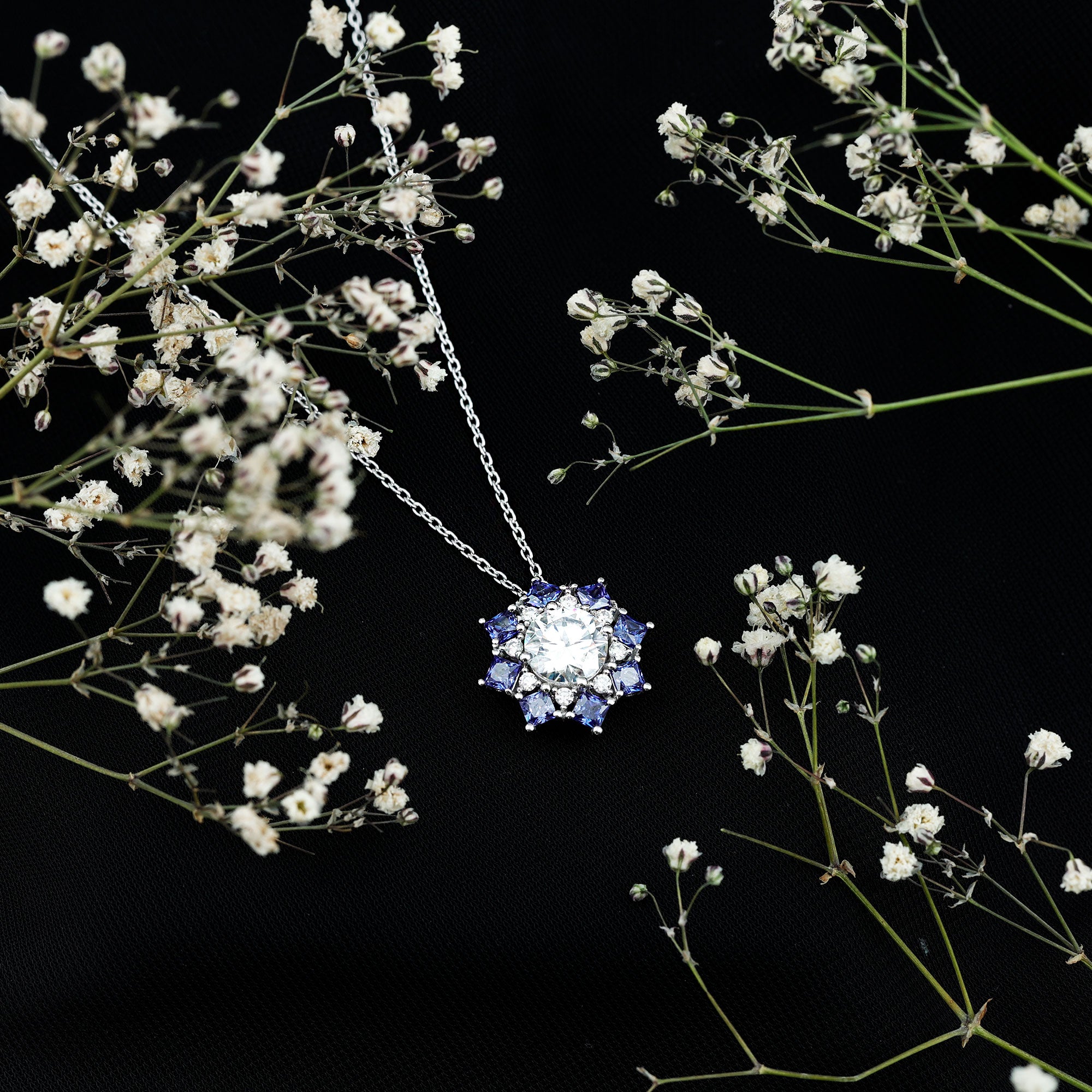 Certified 2 Carat Moissanite and Sapphire Designer Necklace with Silver Chain D-VS1 92.5 Sterling Silver - Rosec Jewels