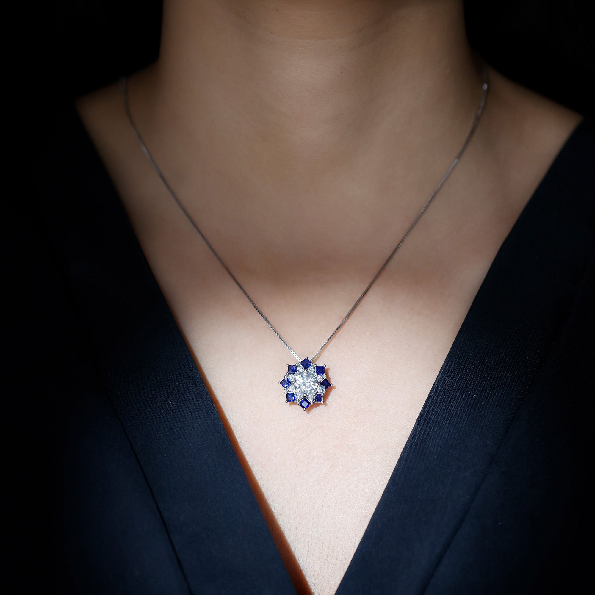 Certified 2 Carat Moissanite and Sapphire Designer Necklace with Silver Chain D-VS1 92.5 Sterling Silver - Rosec Jewels