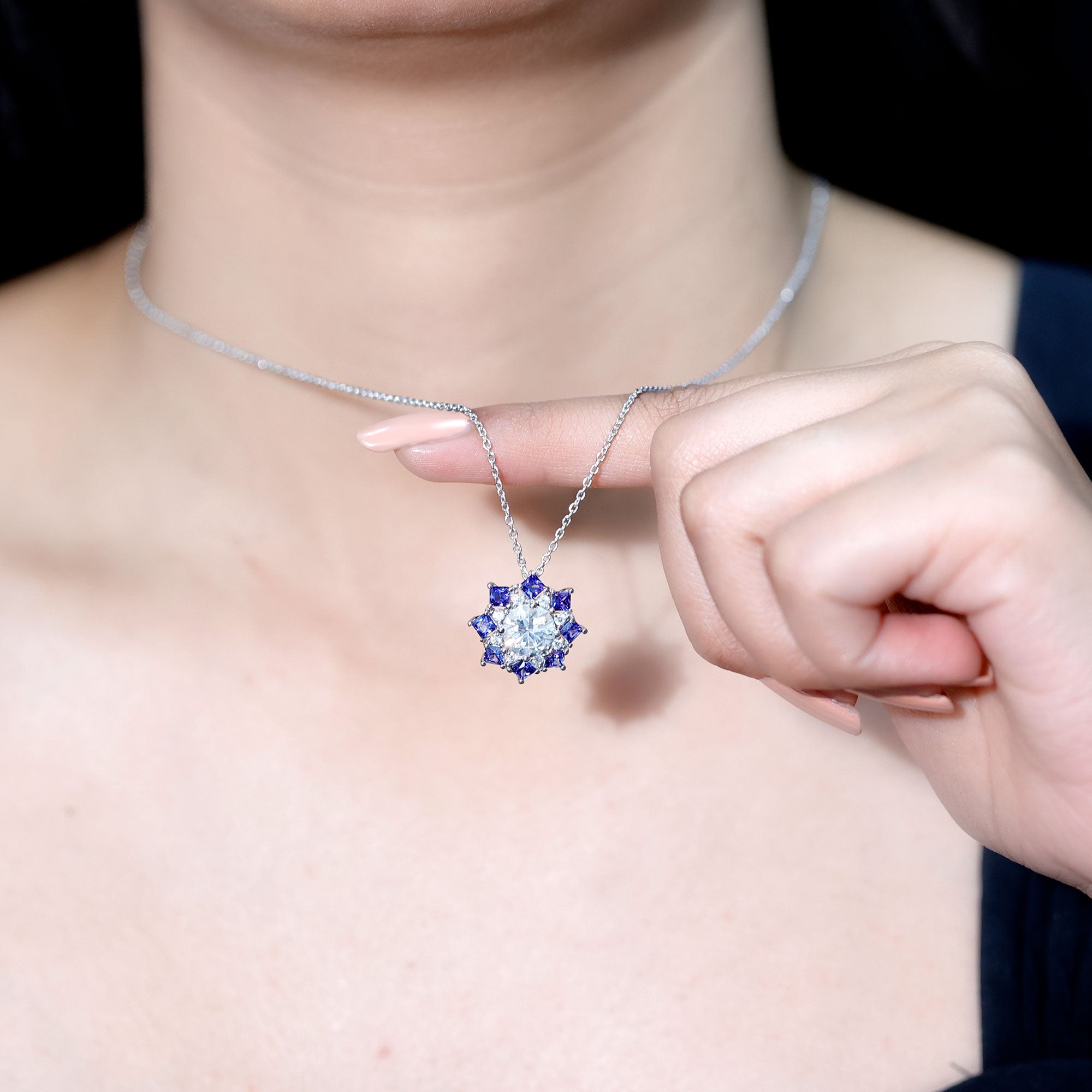Certified 2 Carat Moissanite and Sapphire Designer Necklace with Silver Chain D-VS1 92.5 Sterling Silver - Rosec Jewels