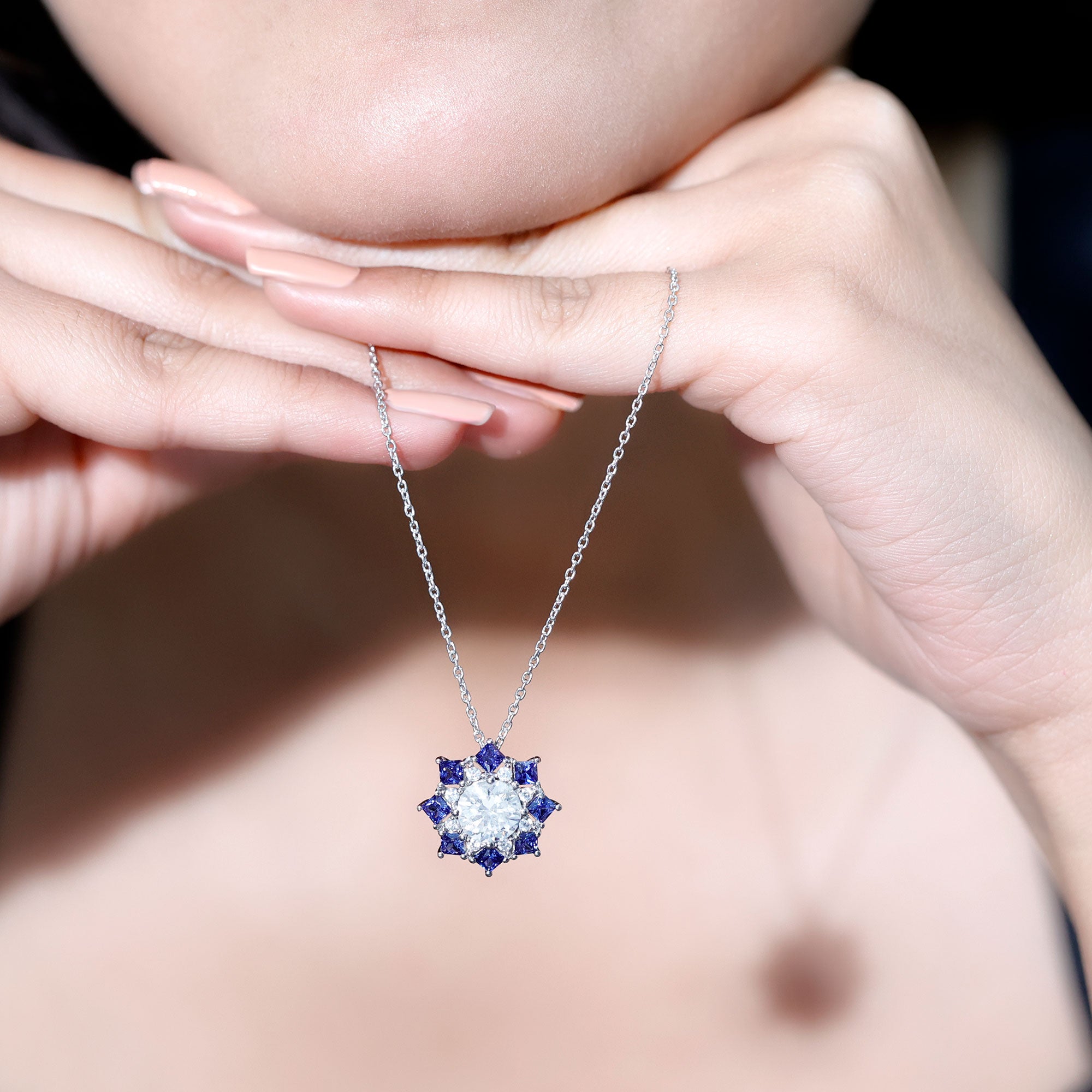 Certified 2 Carat Moissanite and Sapphire Designer Necklace with Silver Chain D-VS1 92.5 Sterling Silver - Rosec Jewels