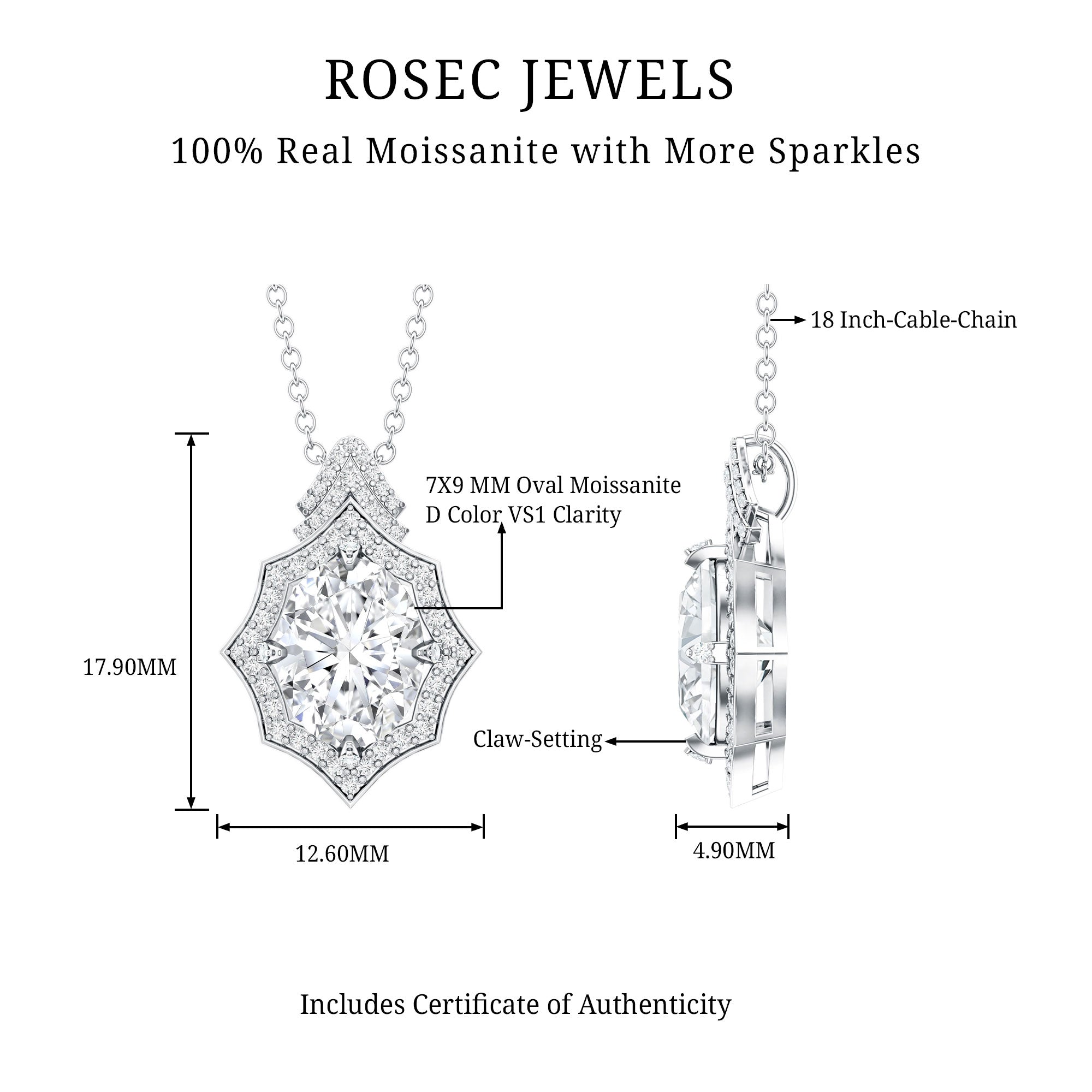 Certified 2 Carat Moissanite Vintage Halo Necklace for Women D-VS1 92.5 Sterling Silver - Rosec Jewels