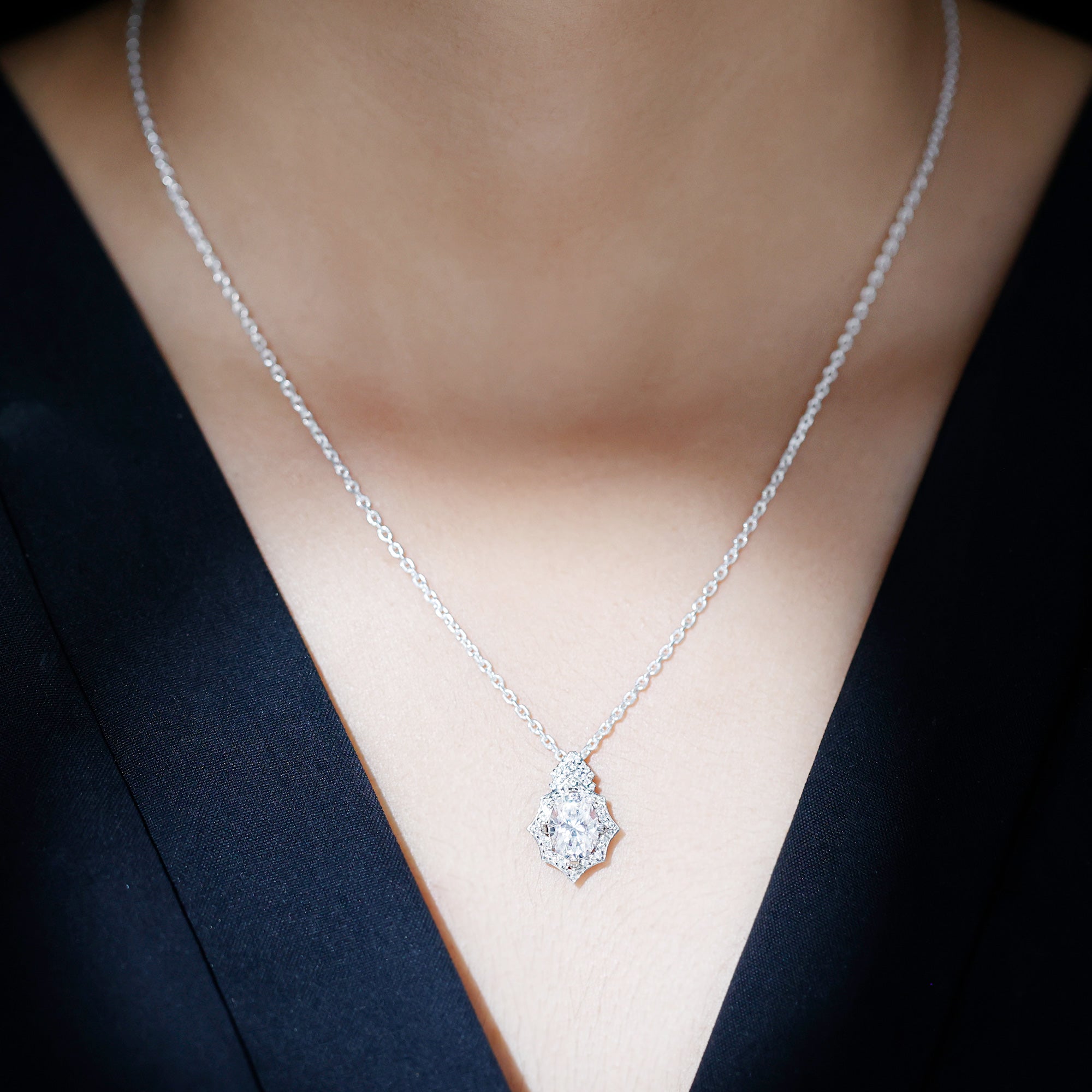 Certified 2 Carat Moissanite Vintage Halo Necklace for Women D-VS1 92.5 Sterling Silver - Rosec Jewels