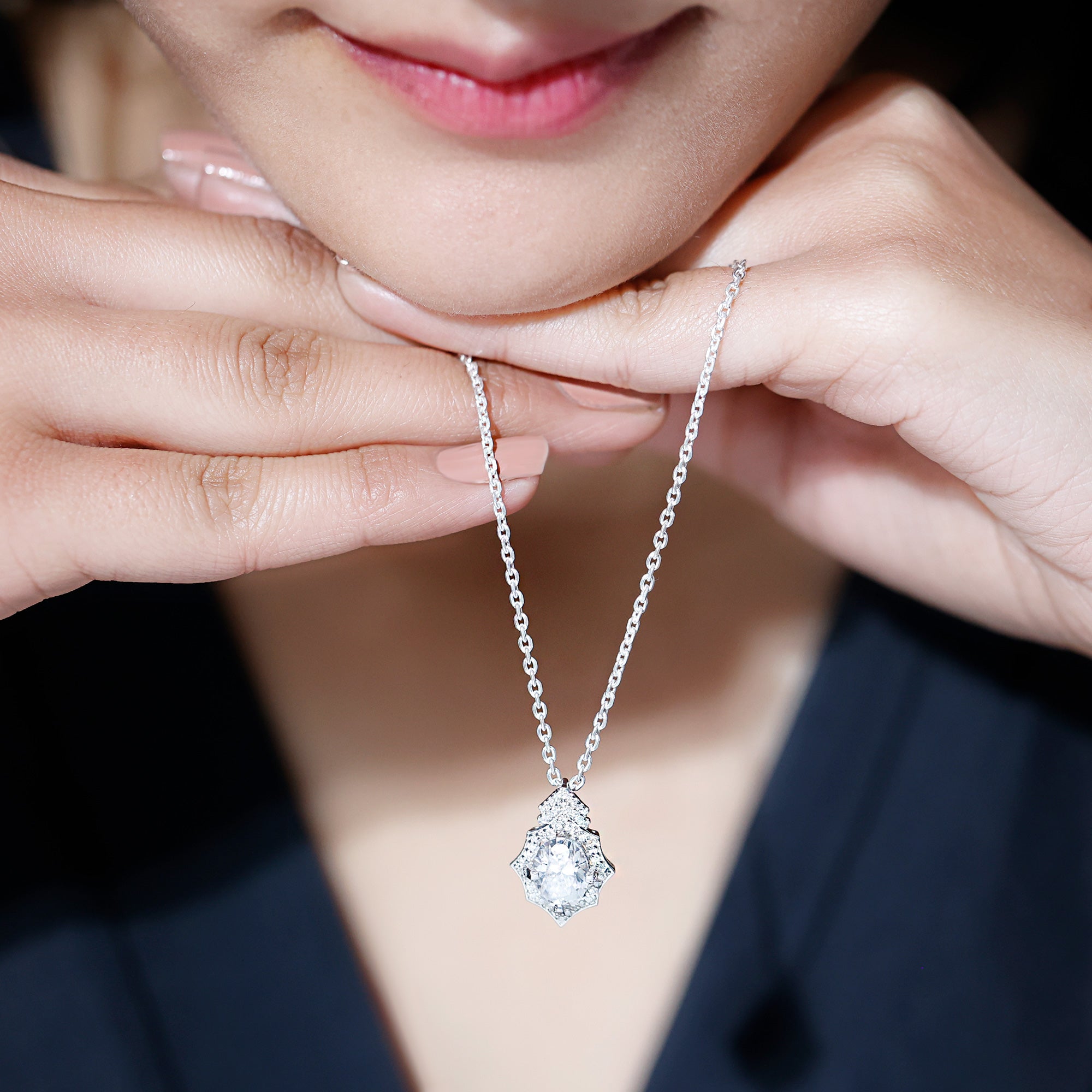 Certified 2 Carat Moissanite Vintage Halo Necklace for Women D-VS1 92.5 Sterling Silver - Rosec Jewels